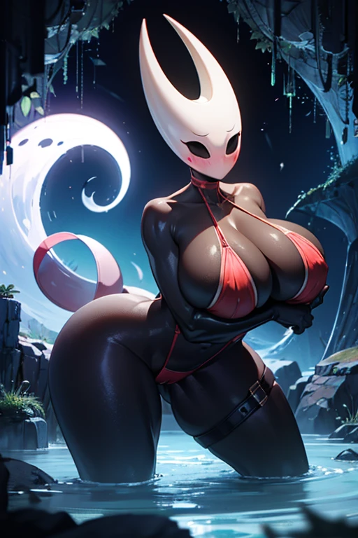 hornet in a dark cavern, Best quality,Ultra-detailed,dark and mysterious lighting,realistic details, anthro, ultra curvy, blush, ultra feminine sexy thick thighs, huge enermous breasts, partly submerged in water, tight red thong, topless, bent over ledge, sexy large massive enermous huge feminine revealing breasts, huge enermous large massive sexy feminine earth-shaking thicc thighs, blushing, moaning, seductive, super sexy