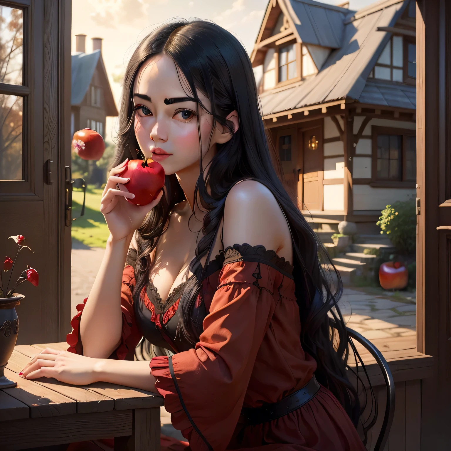 a beautiful girl with long black hair, delicate feminine curves, biting into a red apple, a cottage in the background, detailed facial features, high quality, photorealistic, warm lighting, vibrant colors, magical realism, fantasy, cinematic, dramatic lighting, depth of field, volumetric lighting, dramatic shadows, intricate details