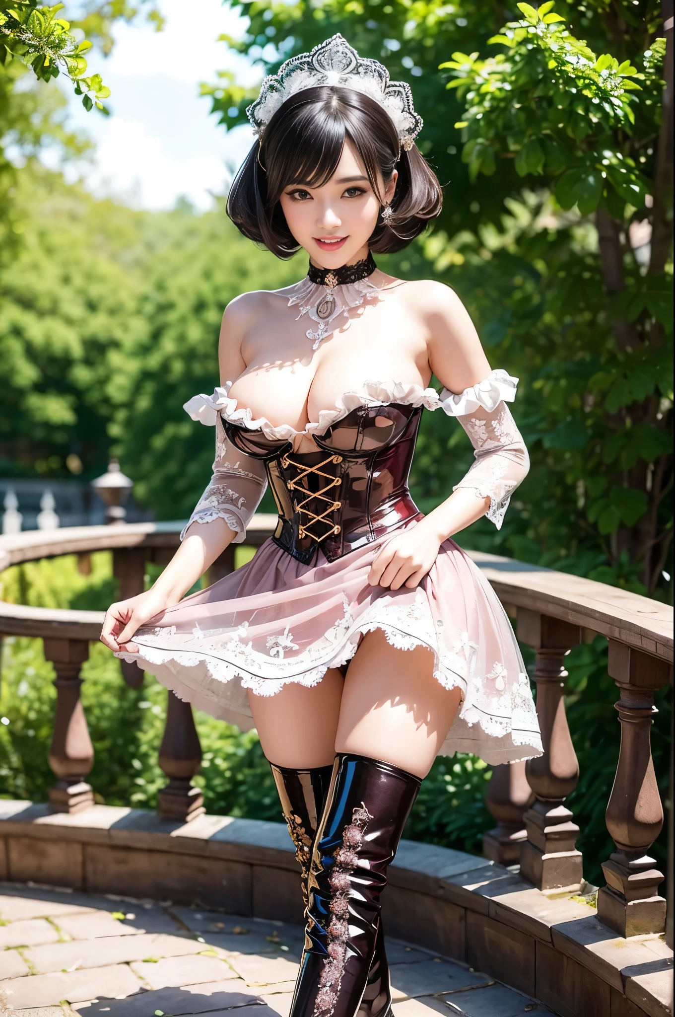 nsfw, sexy stylish Thai model, only 1 female, ((doll-like appearance)), short Mahogany stylish hair, ((shiny Victorian-Style boots)), (big smile), ultra detailed eyes, vivid eye makeup, lipgloss, long lashes, defined eyebrows, ((sexy Paradise Kiss cosplay)), bell-shaped skirt, petticoats, high neckline, puffed sleeves, ((ultra detailed lace)), ((ultra detailed embroidery)), intricate details, Paradise Kiss accessoires and matching headpiece, choker, ((large sparkling Paradise Kiss jewelry)), cinematic light, detailed large park background with trees