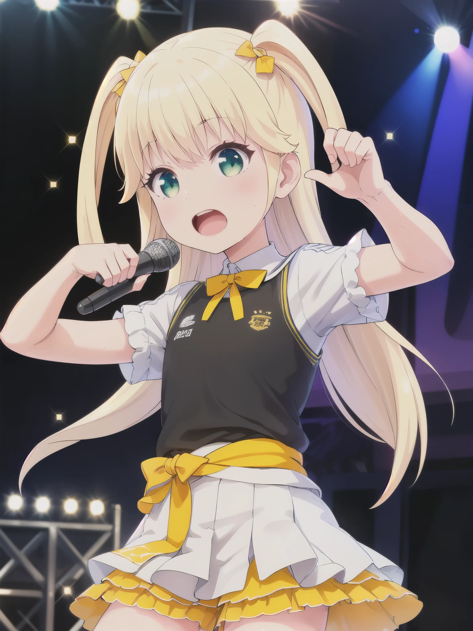 1 Girl, ,highest quality, Very detailed, masterpiece,Green Eyes,Blonde Hair, Long Hair, Eyebrows visible through hair, bangs,Flat Chest,Open your mouth,Yellow and white ruffle dress,Short sleeves,bulging sleeves,upper body,Lens flare,stage,Bursting with sweat,Hold the microphone
