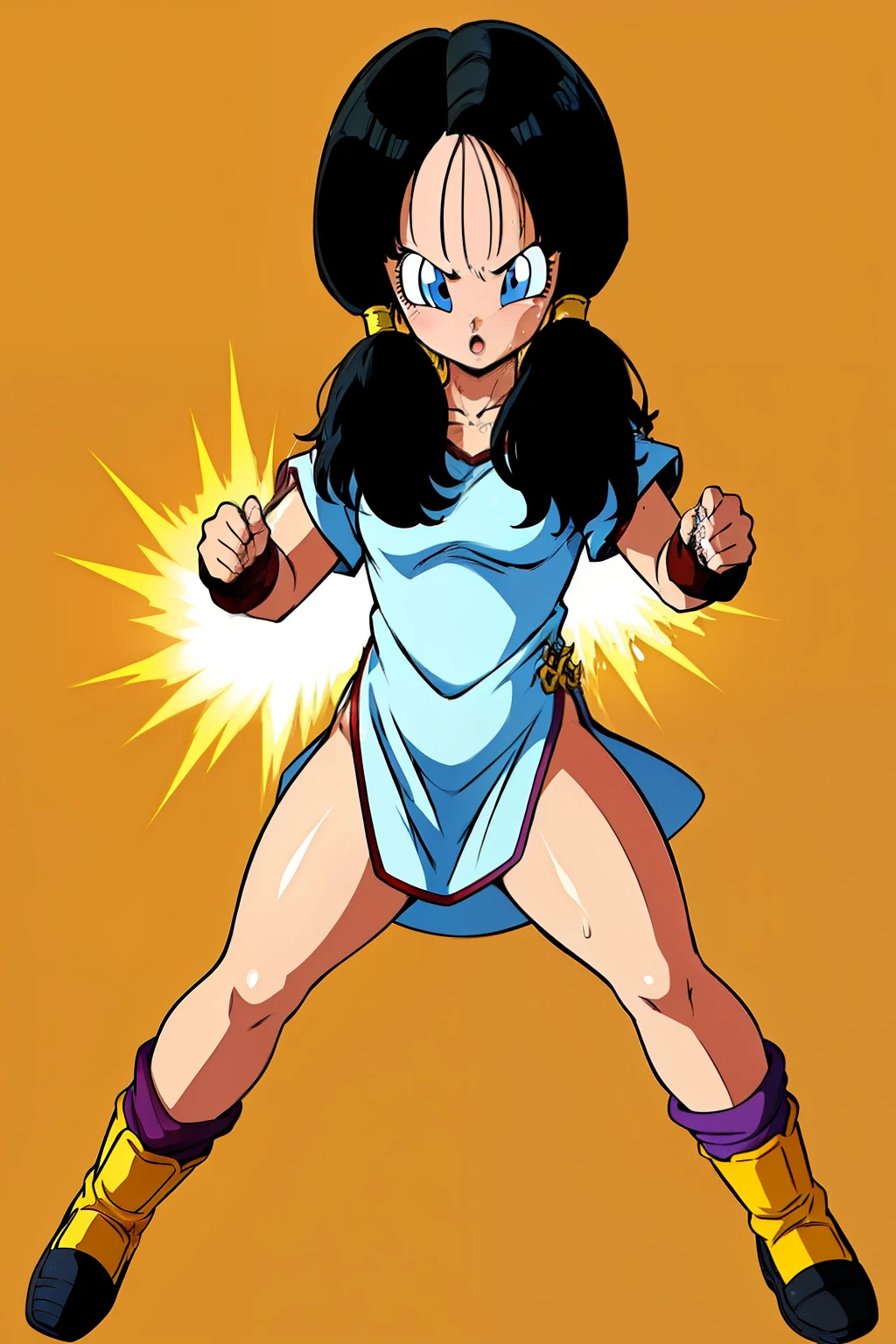 (high resolution, pixel perfect, gorgeous illustrations), (hyper quality, muste piece, etheric: 1.4), ((1girl, solo)), ((videl)), full body, ((stand,open legs)), fighter, cool atmosphere, ((Exquisite face)), ((china dress)), shiny skin, gleaming skin, sweat, simple background, style_parody, anime_coloring,