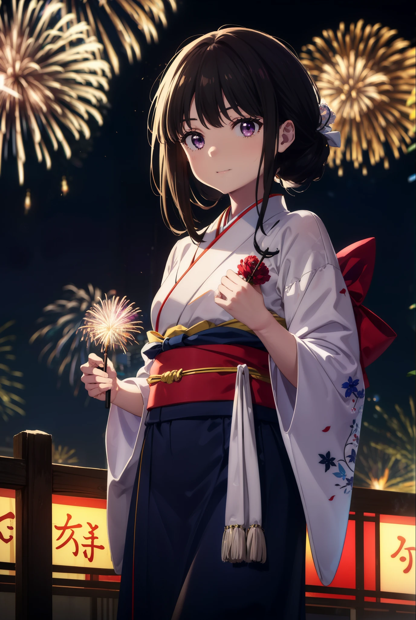 Takiuchi, Check it out,One Girl, Long Hair, bangs, Black Hair, (Purple eyes:1.2),Flower Hair Ornaments,hair tied back,smile,blush,Embarrassing,Blue Kimono,Blue long skirt,Sandals,日本のfestival,夏festivalの屋台、Red lantern,Fireworks in the night sky,Fireworks,The place is a fireworks display,Time is night,whole bodyがイラストに入るように,Looking up from below、Walking,
break outdoors, festival,shrine,
break looking at viewer, whole body, (Cowboy Shot:1. 5)
break (masterpiece:1.2), highest quality, High resolution, unity 8k wallpaper, (figure:0.8), (Beautiful fine details:1.6), Highly detailed face, Perfect lighting, Highly detailed CG, (Perfect hands, Perfect Anatomy),