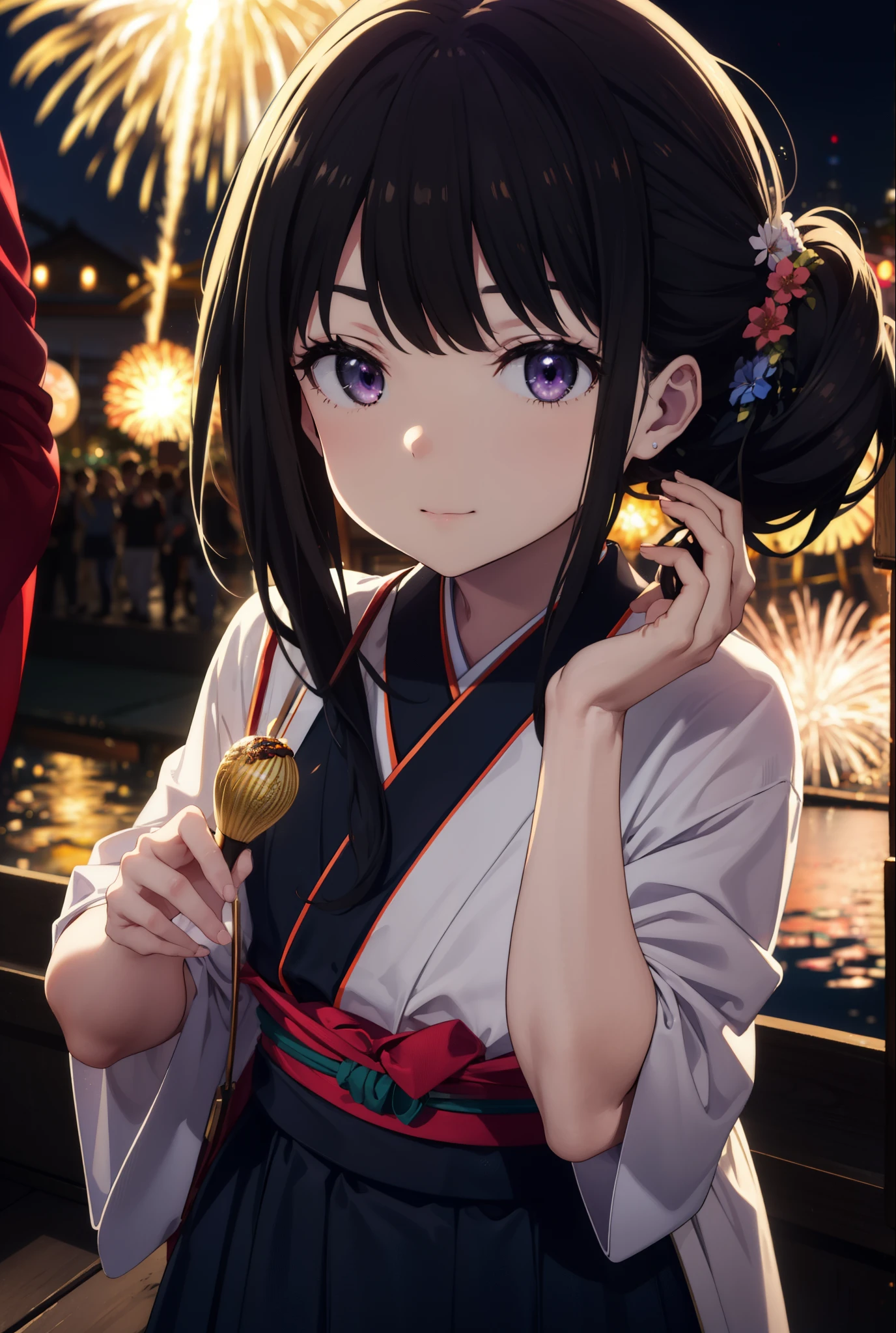 Takiuchi, Check it out,One Girl, Long Hair, bangs, Black Hair, (Purple eyes:1.2),Flower Hair Ornaments,hair tied back,smile,blush,Embarrassing,Blue Kimono,Blue long skirt,Sandals,日本のfestival,夏festivalの屋台、Red lantern,Fireworks in the night sky,Fireworks,The place is a fireworks display,Time is night,whole bodyがイラストに入るように,Looking up from below、Walking,
break outdoors, festival,shrine,
break looking at viewer, whole body, (Cowboy Shot:1. 5)
break (masterpiece:1.2), highest quality, High resolution, unity 8k wallpaper, (figure:0.8), (Beautiful fine details:1.6), Highly detailed face, Perfect lighting, Highly detailed CG, (Perfect hands, Perfect Anatomy),