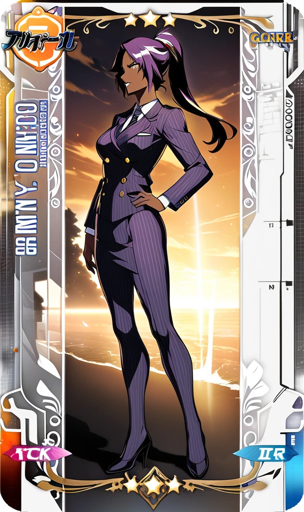 Full body Yoruichi as a thin Black business woman in a double breasted pinstripe purple skirt suit while wearing a tie with a long purple pinstripe skirt and with purple knee socks full art