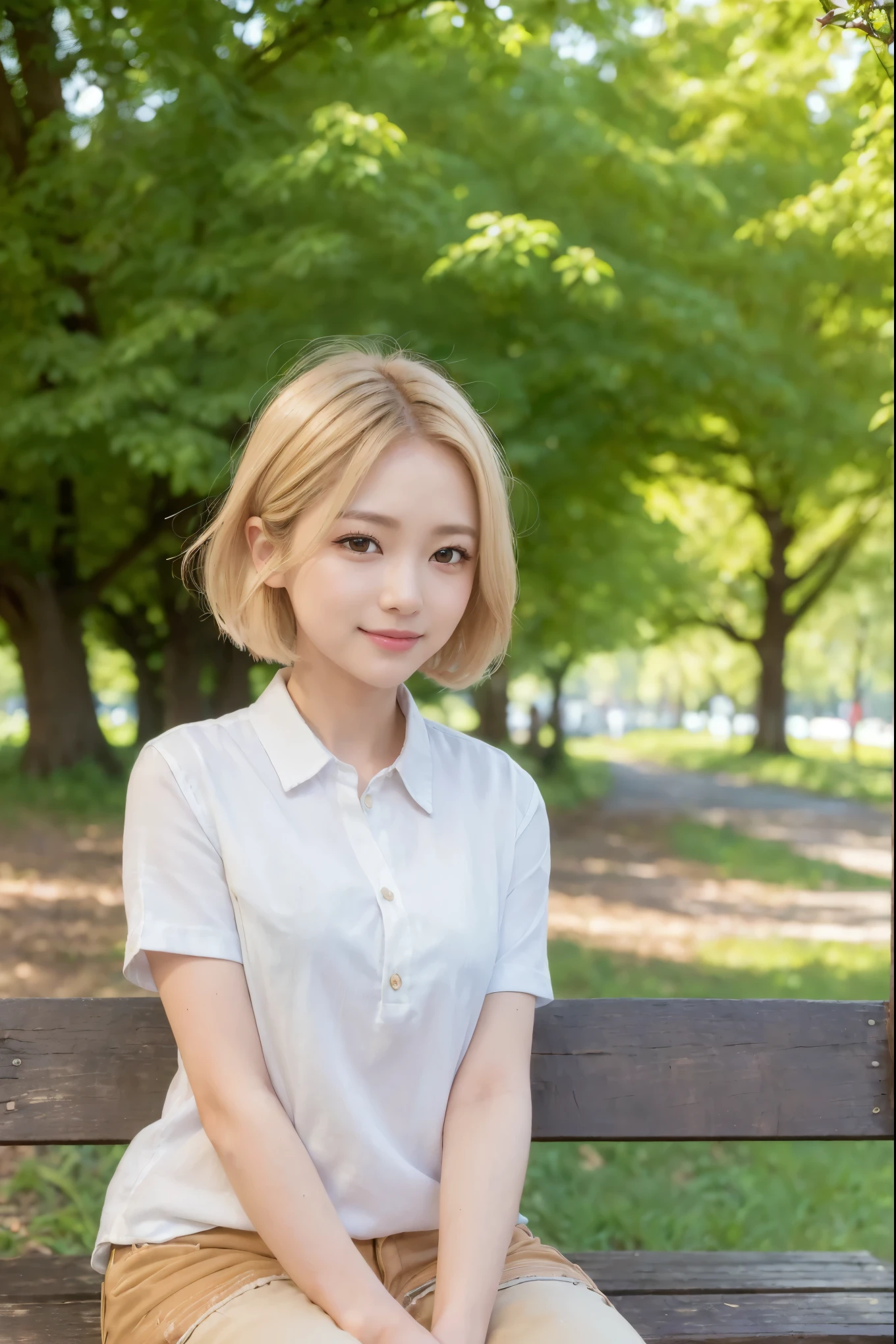 Realistic, masterpiece, highest quality, (sitting on a wooden bench on a tree-lined street, The background is blurred:1.3), (1girl:1.3), Photo of a woman smiling happily, (Droopy eyes:1.3), Beautiful and detailed, (Dark Eyes:1.3), Long eyelashes, Eyelash extensions, (Hidden eyelid wrinkles:1.3), (Blonde, short hair, middle part:1.3), ((White short sleeve shirt), don't tuck your shirt in denim pants:1.3), (Portrait from the chest up:1.3)