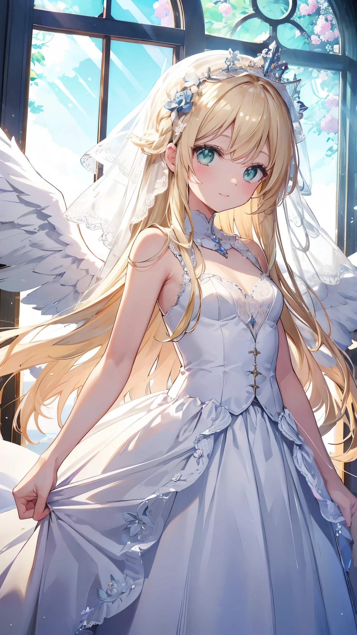 Very long hair、Blonde、Detailed sparkly eyes、Green Eyes、Three pairs of angel wings、Angel halo on head,smile、Embarrassing、shine、reflected light、Film Grain、masterpiece、Textured Skin、Super Detail、High Detail、high quality、最high quality、High Resolution、16k、shine、church,Veil,Wedding dress、race,Frills,hydrangea,Stained glass