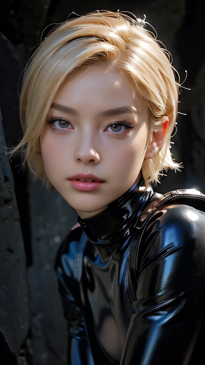 (((Face close-up))), sexy, ((Blonde short hair)), black eye, Excellent, (Black latex leotard), Black boots, Black gloves, 黒いHigh heel boots、 (Short blonde hair), Black latex leotard, (Black long boots), (Black Leather Gloves), High heel boots、((Portraiture))、 Black latex leotard, ((Stand and pose)), masterpiece, 最high quality, high quality, High resolution、((In a dark cave))、Black Theme, High-legged leotards, The line of sight is this、((Face close-up)),