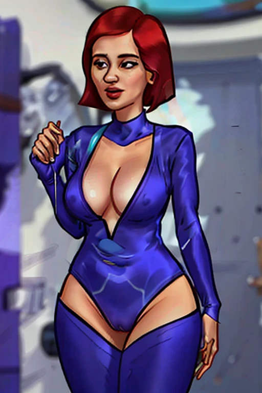 uma foto precisa e detalhada de corpo inteiro de Haley, Medium Length Red Hair in Wavy Bob with Bangs, Olhos violeta escuros e penetrantes, ((light-Purple skintight bodyterno)), Cinto de utilidades azul com gadgets, Luvas e botas pretas, black eye mask, Athletic and slender build, curved, quadris largos, bunda enorme, 4k, Obra de arte, melhor qualidade, Maddie_Fenton, terno, mask on, helenparr