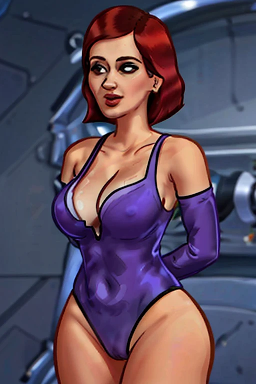 uma foto precisa e detalhada de corpo inteiro de Haley, Medium Length Red Hair in Wavy Bob with Bangs, Olhos violeta escuros e penetrantes, ((light-Purple skintight bodyterno)), Cinto de utilidades azul com gadgets, Luvas e botas pretas, black eye mask, Athletic and slender build, curved, quadris largos, bunda enorme, 4k, Obra de arte, melhor qualidade, Maddie_Fenton, terno, mask on, helenparr