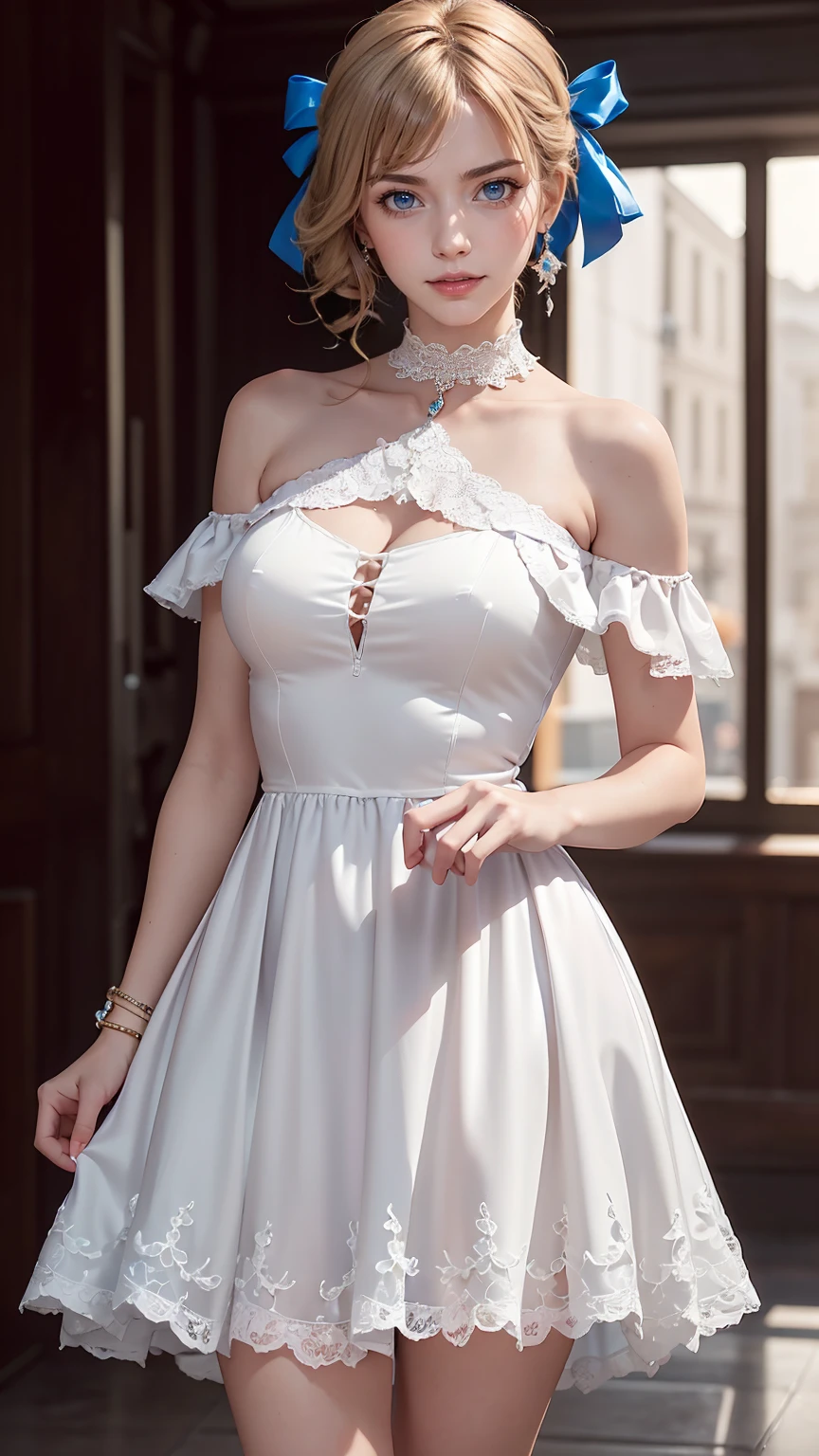 (8K, RAW Photos, highest quality, masterpiece:1.2), (Realistic, photo-Realistic:1.37)、Fashion model body type、Having her hair done、My chest is popping out、Wear accessories on your wrist、Wearing accessories on the ankle、Background blur((depth of field)、smile、White woman、Platinum Blonde、blue eyes、Vertical roll on one side((side drill))、Wear a lace-embellished one-shoulder dress、Wear mules、smile、hair band((hair ribbon))、Wear a lace choker、