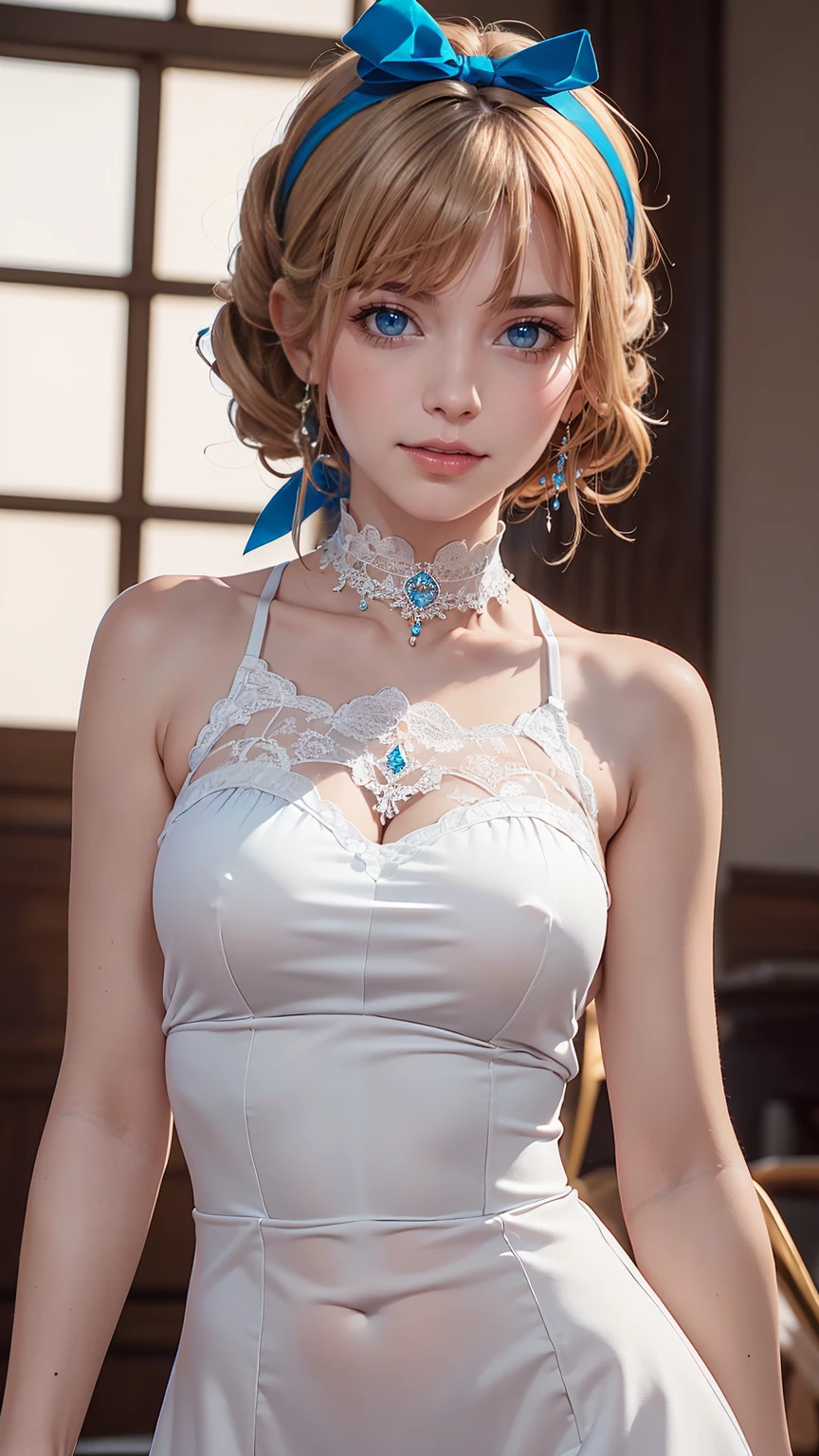 (8K, RAW Photos, highest quality, masterpiece:1.2), (Realistic, photo-Realistic:1.37)、Fashion model body type、Having her hair done、My chest is popping out、Wear accessories on your wrist、Wearing accessories on the ankle、Background blur((depth of field)、smile、White woman、Platinum Blonde、blue eyes、Vertical roll on one side((side drill))、Wear a lace-embellished one-shoulder dress、Wear mules、smile、hair band((hair ribbon))、Wear a lace choker、