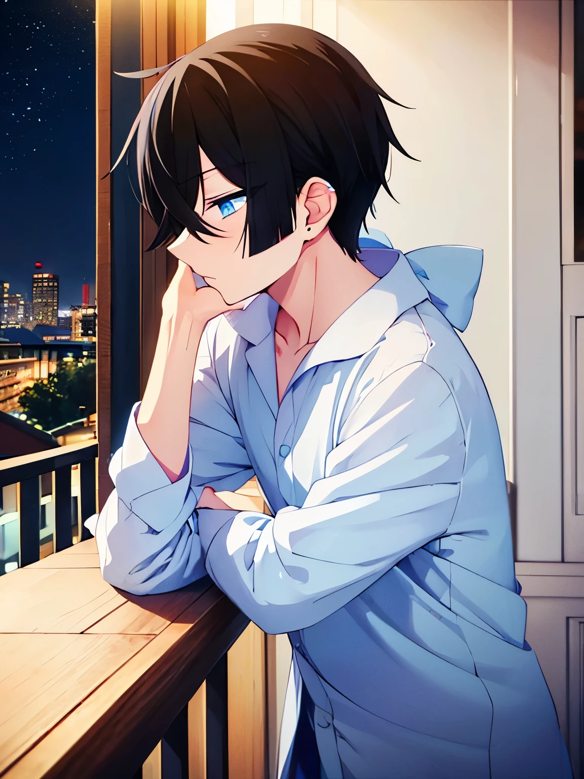 1boy,on the balcony, night,talking, Confused expression, looking away,black hair, blue eyes, white pajamas,pajamas,close up photo