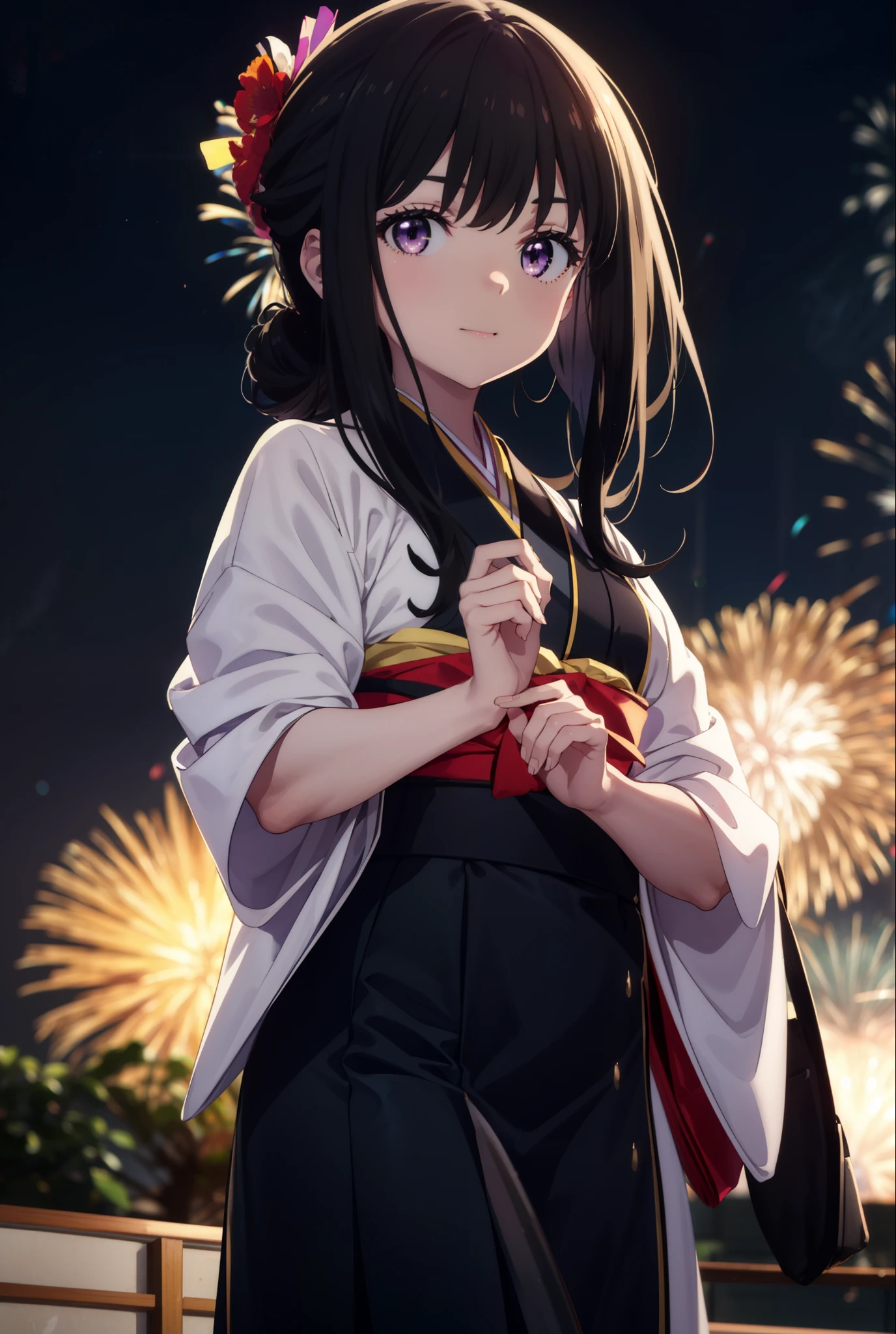 Takiuchi, Check it out,One Girl, Long Hair, bangs, Black Hair, (Purple eyes:1.2),Flower Hair Ornaments,hair tied back,smile,blush,Embarrassing,Blue Kimono,Blue long skirt,Sandals,日本のfestival,夏festivalの屋台、Red lantern,Fireworks in the night sky,Fireworks,The place is a fireworks display,Time is night,whole bodyがイラストに入るように,Looking up from below、Walking,
break outdoors, festival,shrine,
break looking at viewer, whole body, (Cowboy Shot:1. 5)
break (masterpiece:1.2), highest quality, High resolution, unity 8k wallpaper, (figure:0.8), (Beautiful fine details:1.6), Highly detailed face, Perfect lighting, Highly detailed CG, (Perfect hands, Perfect Anatomy),
