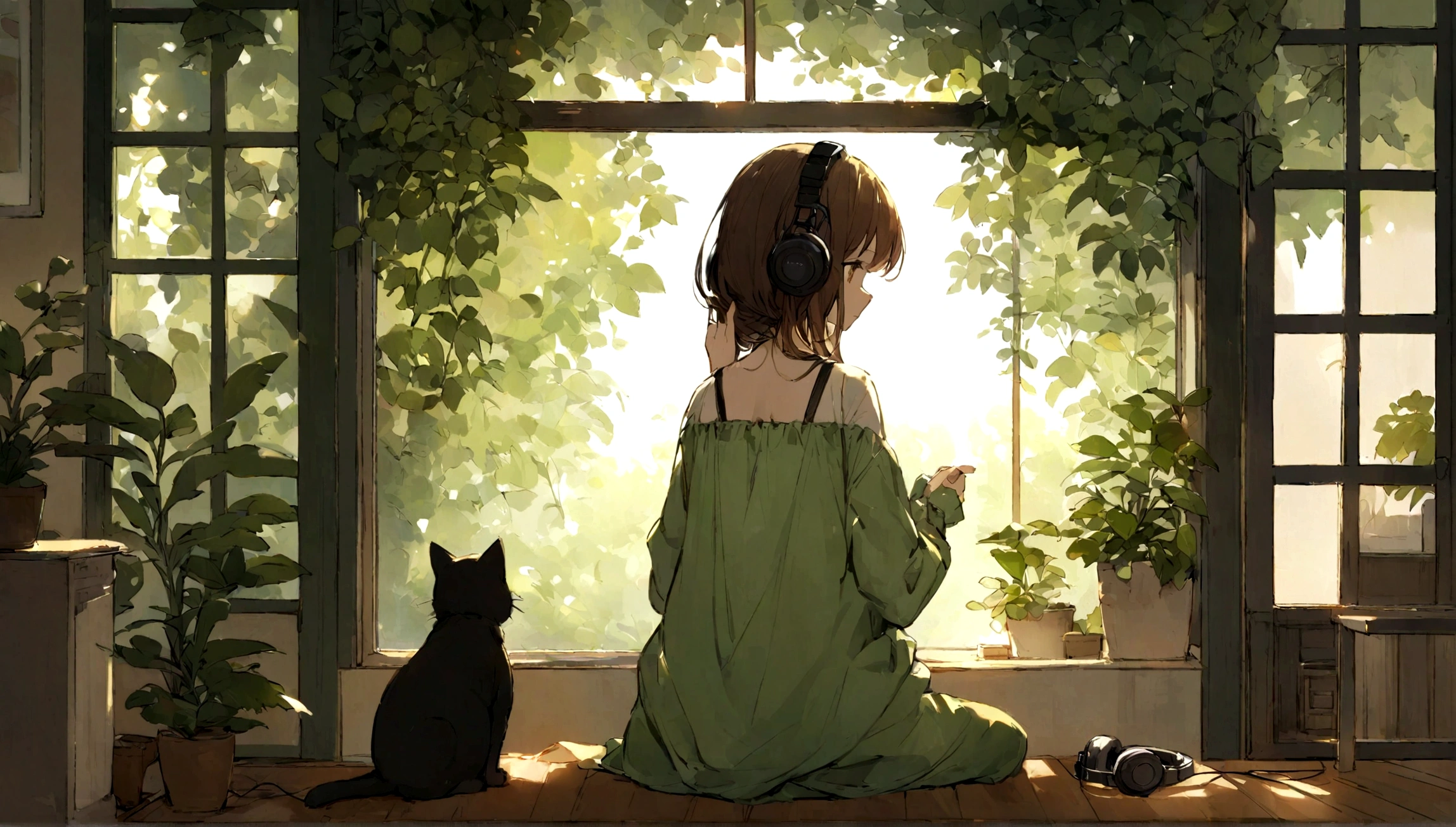 Calm brown and green room、Back view of a girl wearing headphones、Listening to music and looking out the window、The sun shines through the window、The black cat is sitting next to me、Foliage plant、