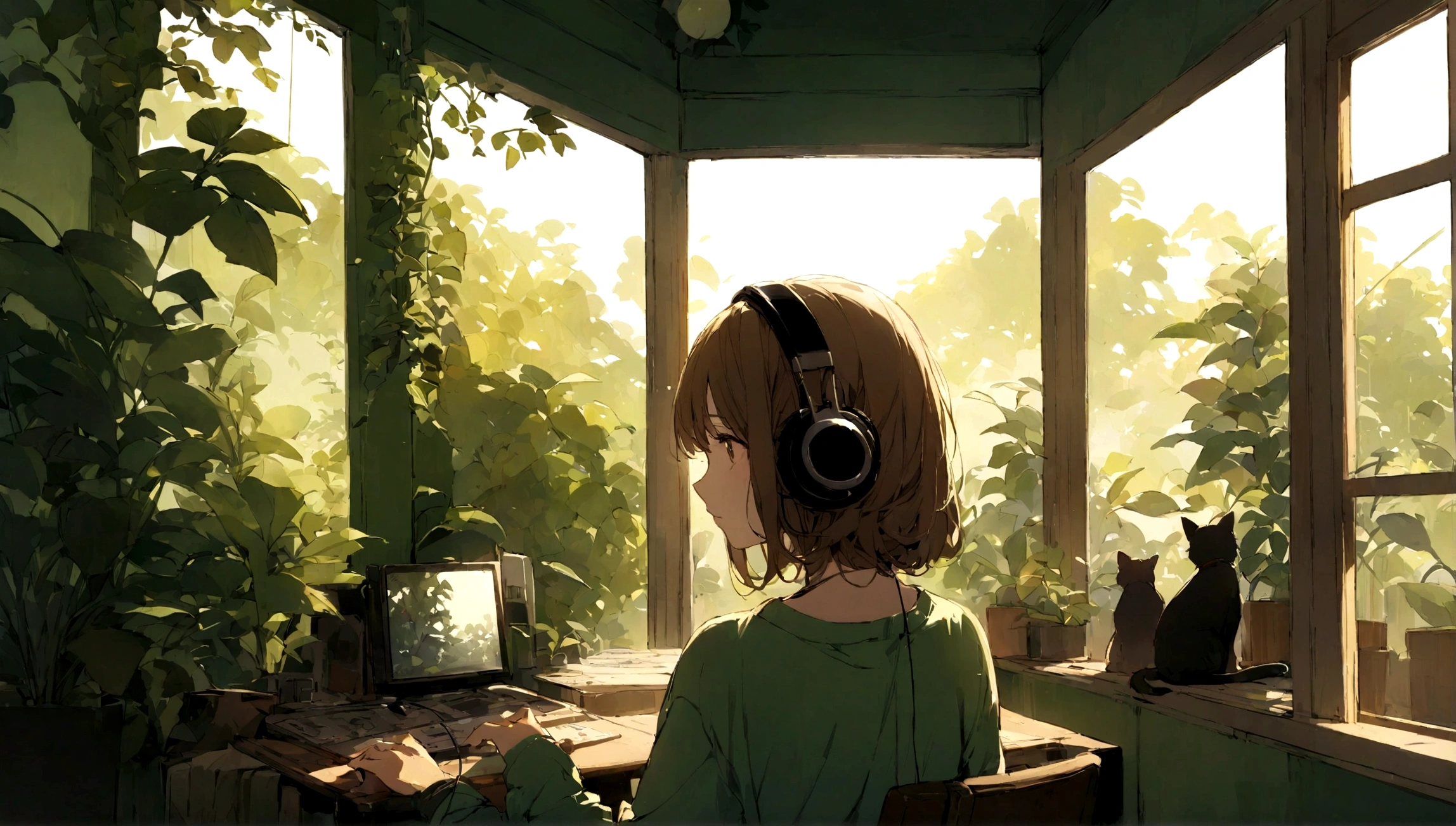 Calm brown and green room、Back view of a girl wearing headphones、Listening to music and looking out the window、The sun shines through the window、The black cat is sitting next to me、Foliage plant、