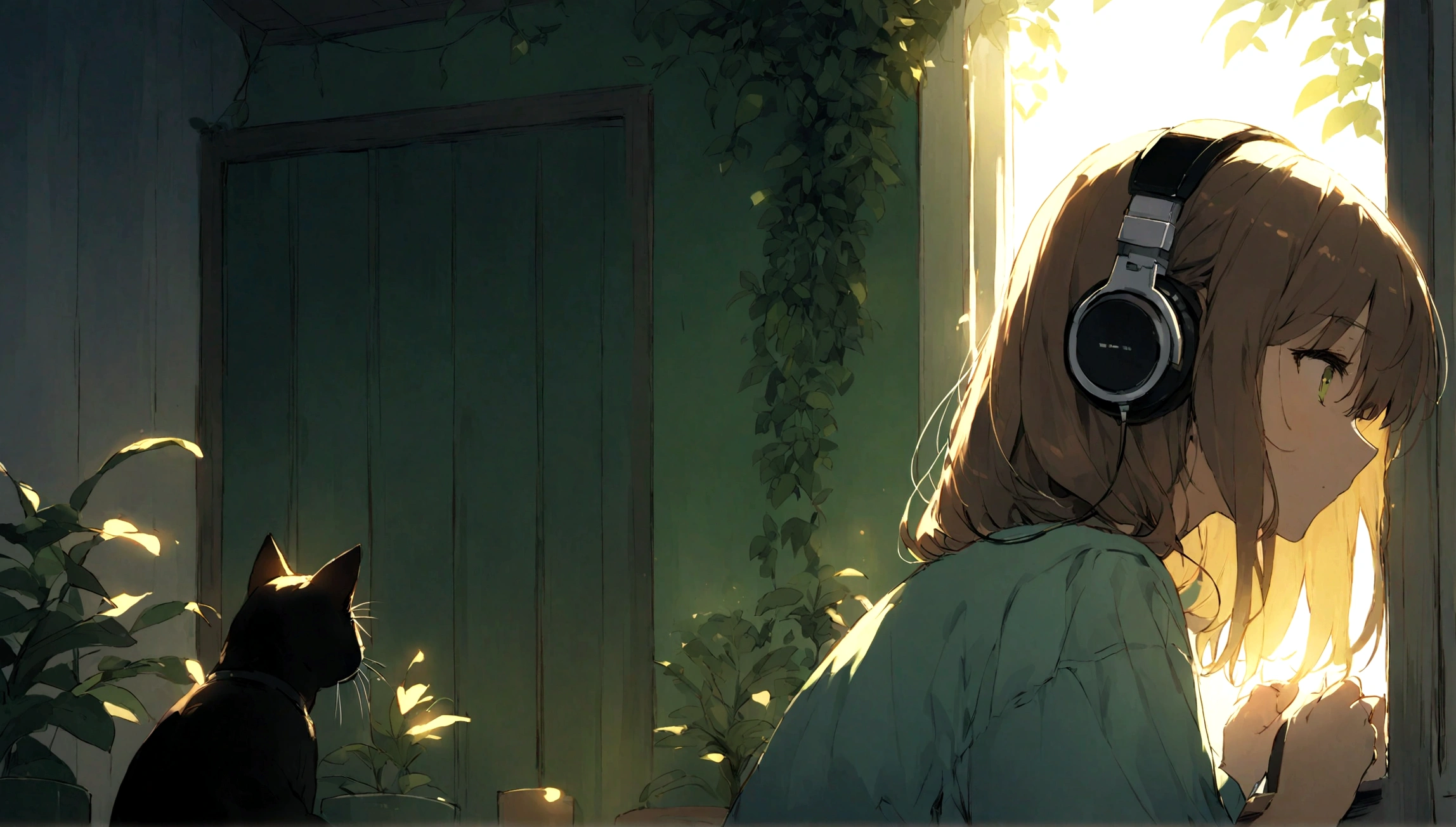 Calm brown and green room、Back view of a girl wearing headphones、Listening to music and looking out the window、The sun shines through the window、The black cat is sitting next to me、Foliage plant、