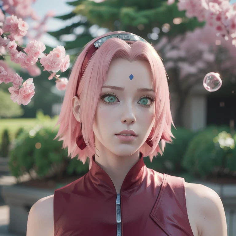 young woman, pale skin, short bubblegum pink hair, wide forehead, emerald green eyes, buttoned nose, peach lips, heart-shaped face, slender, red clothes, Sakura Haruno, 3d, realism, angelic face, maya in net
