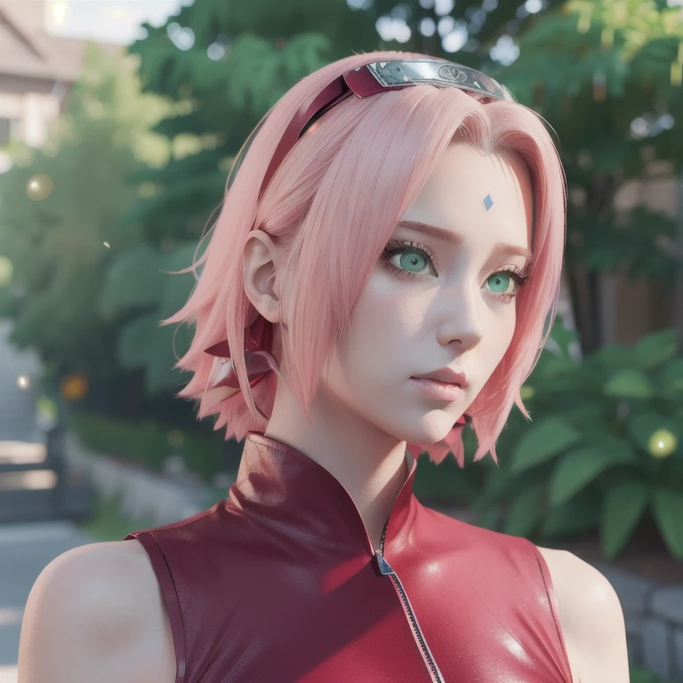 young woman, pale skin, short bubblegum pink hair, wide forehead, emerald green eyes, buttoned nose, peach lips, heart-shaped face, slender, red clothes, Sakura Haruno, 3d, realism, angelic face, maya in net
