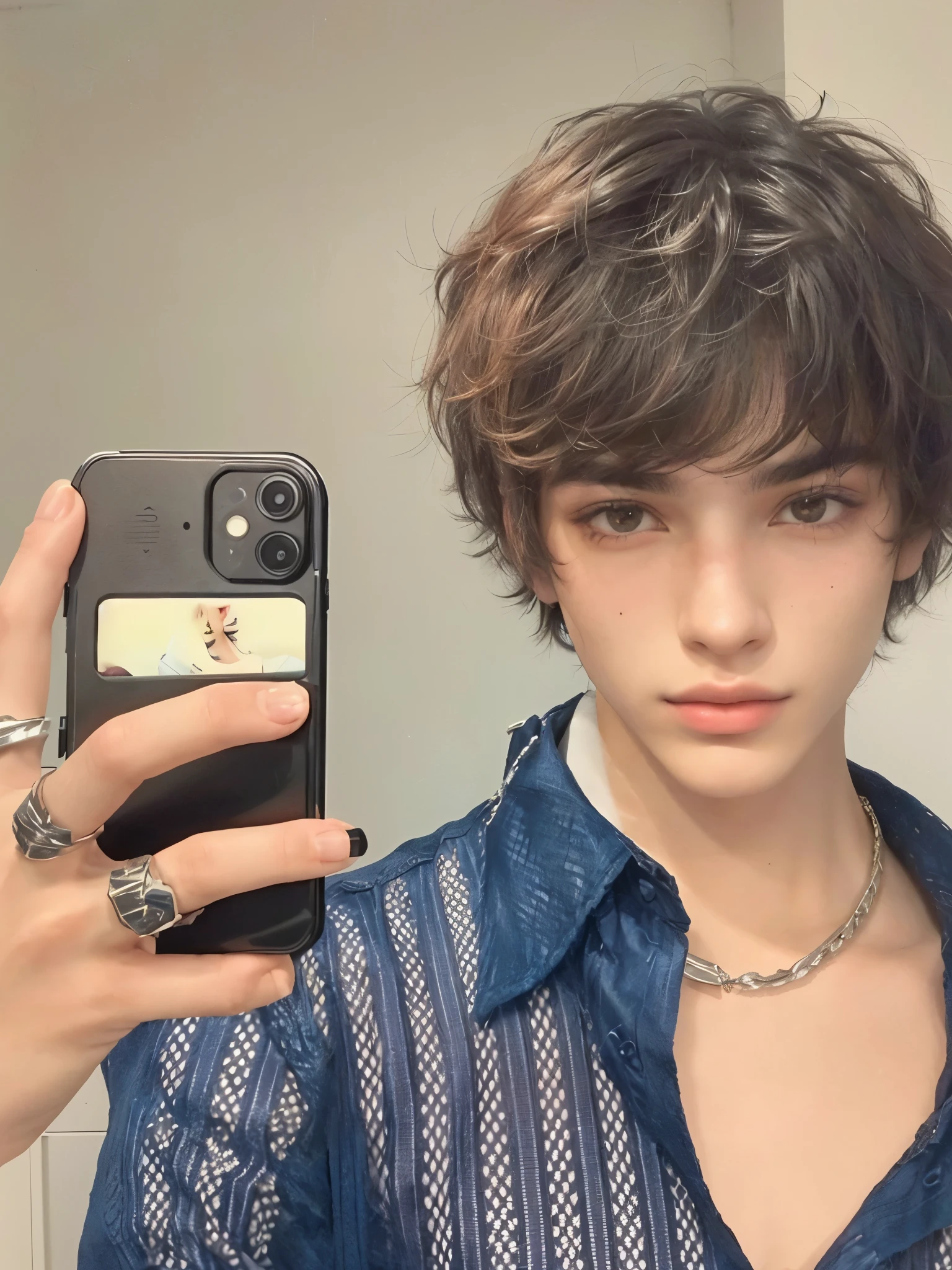 jovem arafa tirando uma selfie no espelho com um celular, beautiful androgynous prince, beautiful androgynous girl, an epic non-binary model, androgynous male, androgynous person, delicate androgynous prince, androgynous, attractive androgynous humanoid, androgynous face, ele tem cabelo castanho curto e encaracolado