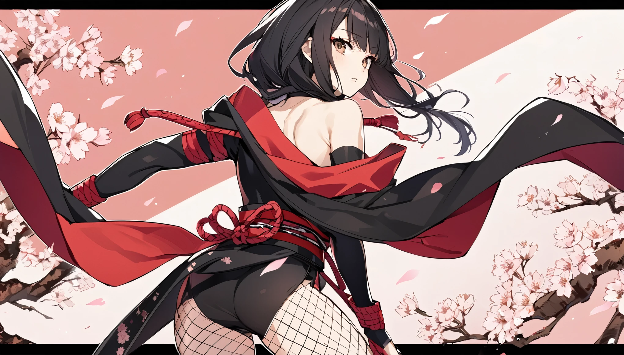Female ninja with shoulder blades, Asian, Long black hair, Brown eyes, Hooded, Fishnet tights, Ninja costume, Cherry blossom background, Japan