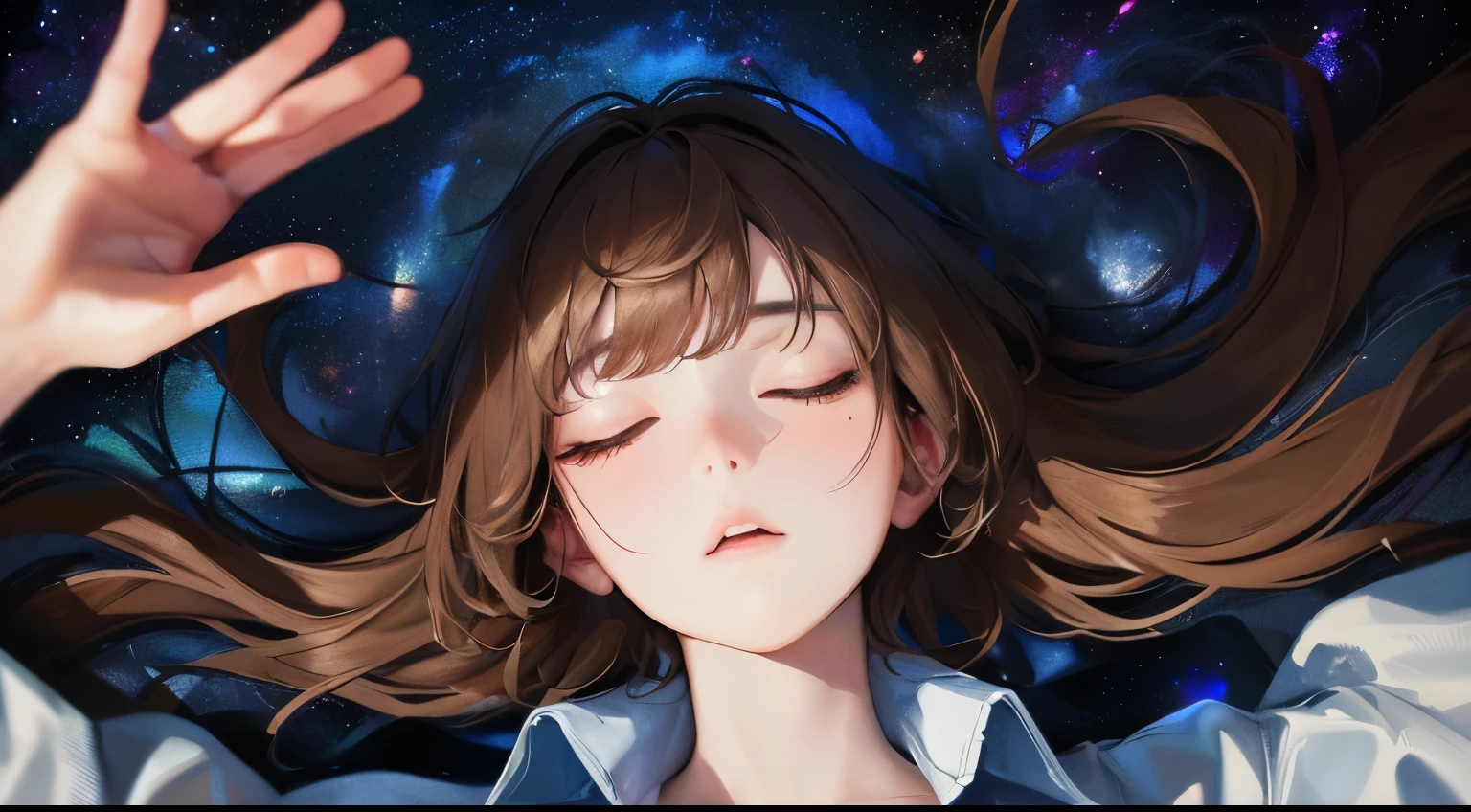 (((Are sleeping)))、(((View from above)))、((1 person)),Masterpiece,best quality, ((darkness)), ,((Dark blue shirt))、((Space Background))、((Expressionless)),determined expression, Upper body diagram、 (Highest Resolution、Clear_image)、Best Quality、Light and shadow contrast、((illumination))、Very detailed、Semi-realistic、Semi-long hairstyle、Brown Hair、bangs、19 years old、 Lady,,young、((View from below))、Delicate Facial Features