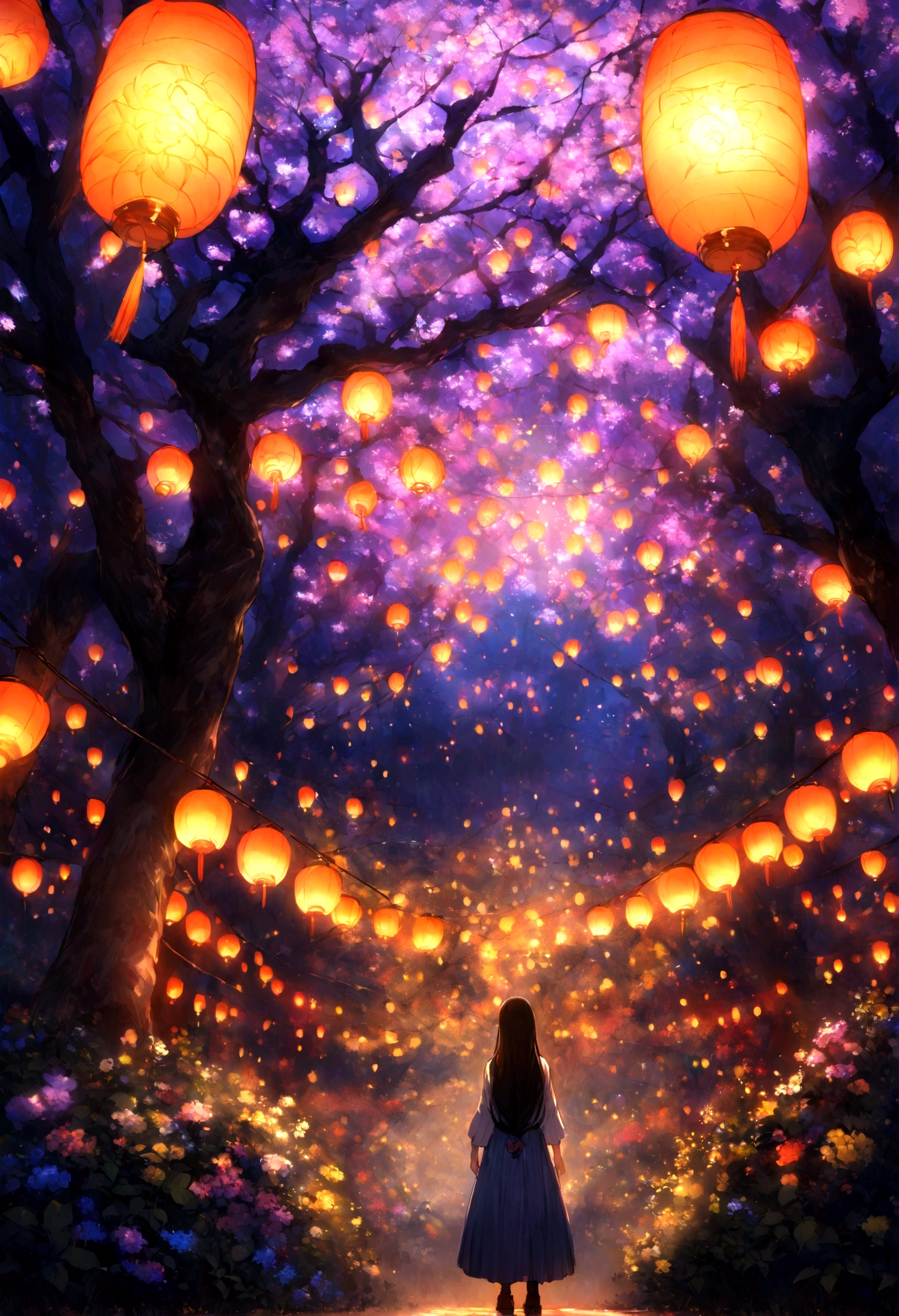 The center of the garden, There stood a magnificent tree with branches stretching high into the sky.. Colorful lanterns hang from the branches.、It lit up the garden。, Symbolizes the love and compassion within each family.