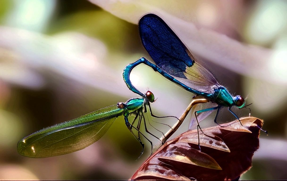 Araffes are mating on a leaf in the forest, wings exquisite and beautiful, that looks like a dragonfly, dragonflies, dragonfly-like, that has the form of a dragonfly, dragonfly-shaped, Male and female, iridescent wings, insect wings, award-winning macro photography, web wings, highly intricate wings!, dragonfly