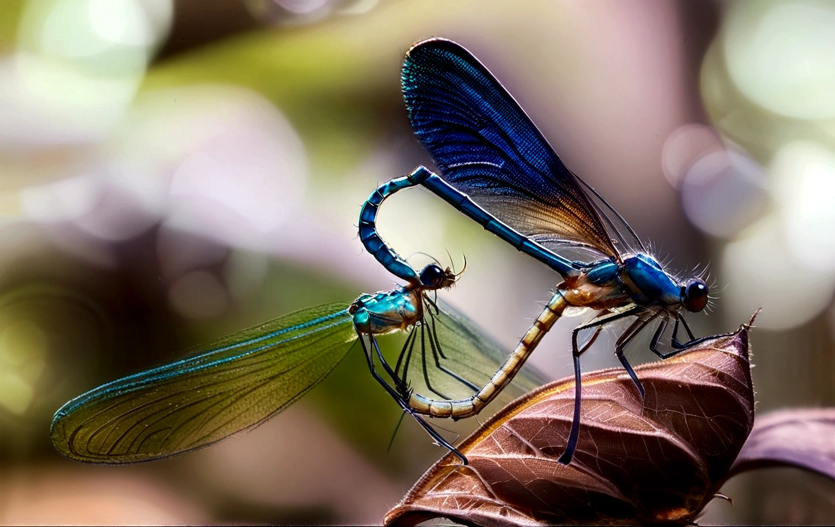 Araffes are mating on a leaf in the forest, wings exquisite and beautiful, that looks like a dragonfly, dragonflies, dragonfly-like, that has the form of a dragonfly, dragonfly-shaped, Male and female, iridescent wings, insect wings, award-winning macro photography, web wings, highly intricate wings!, dragonfly