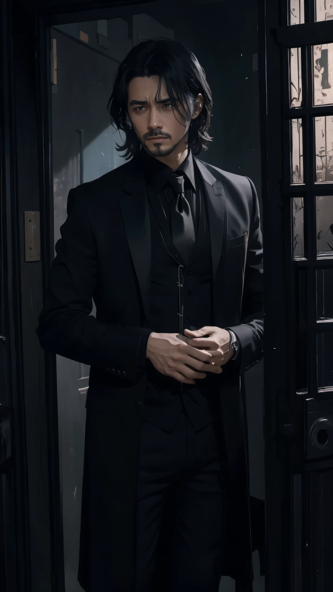 Man in all black、Black Shirt、Frock coat、Ragged head、Dead eye、No tie、