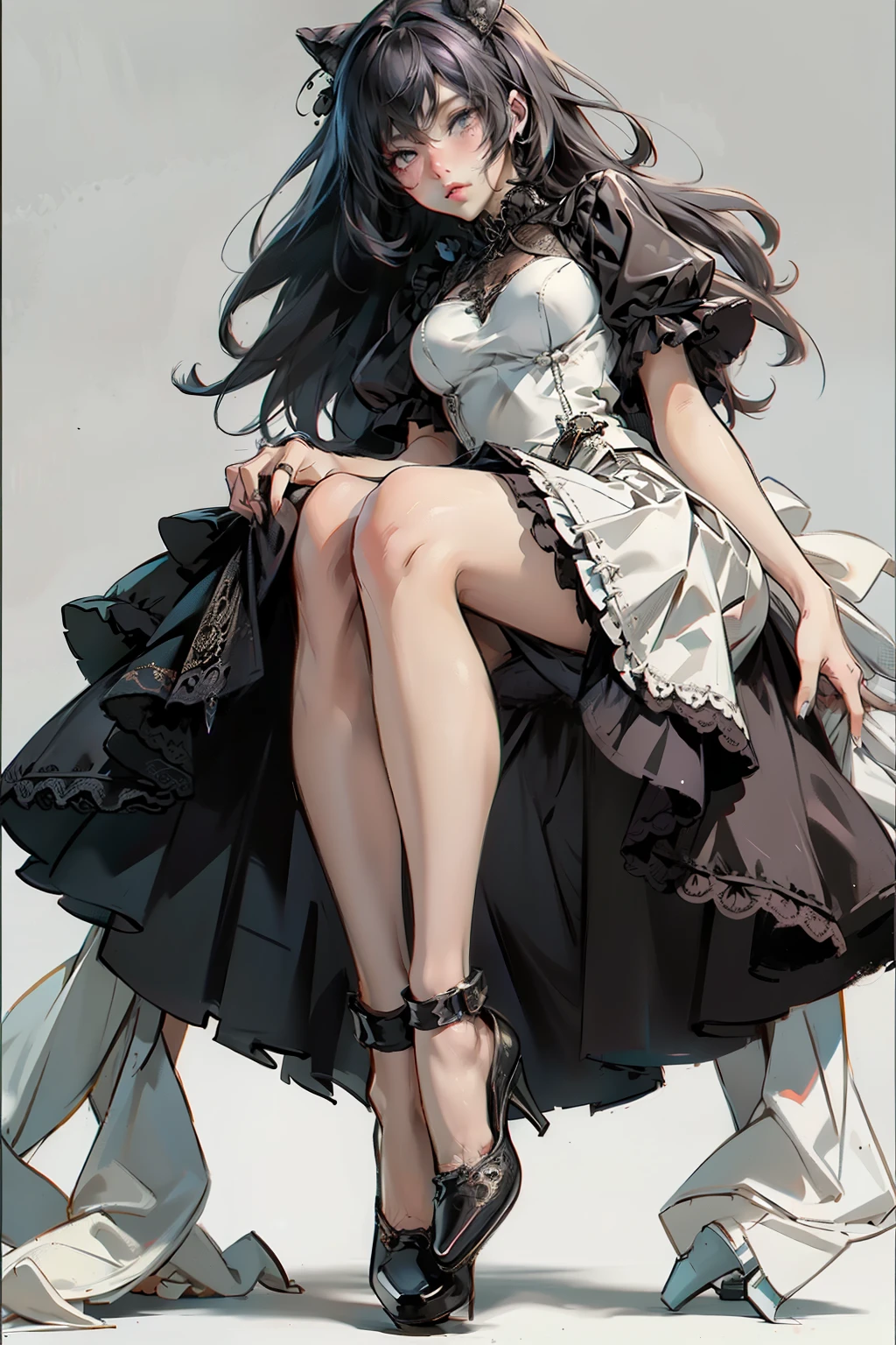 ((best quality)), ((masterpiece)), (detailed), blank white background, plain background, white background, Bloodborne inspired, occult aesthetic, occult, detailed and intricate steampunk and detailed gothic, NSFW, Very dramatic and cinematic lighting, cosmic horror, grim-dark, side-lighting, perfect face, NSFW, Fluttering lace flared long knee length dress with frilly petticoats, knee length dress, pleated petticoats, lolita dress, petticoats gothic lolita, side-lighting, gothic lolita aesthetic, beautiful small breasts, small breasts, full body, whole body, body, plain background, white background, blank background, no background, white background NSFW, full body, whole body, head-to-toe