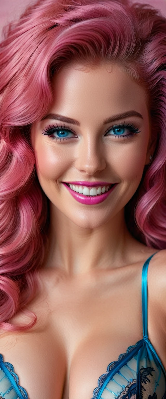 A highly detailed and lifelike portrait of the woman, capturing her seductive smile and alluring gaze with remarkable precision and realism, perfect for framing and display. voluminous 80s big pink hair, bright blue eyes, large breast, seductive flirty smile, wearing exotic lingerie