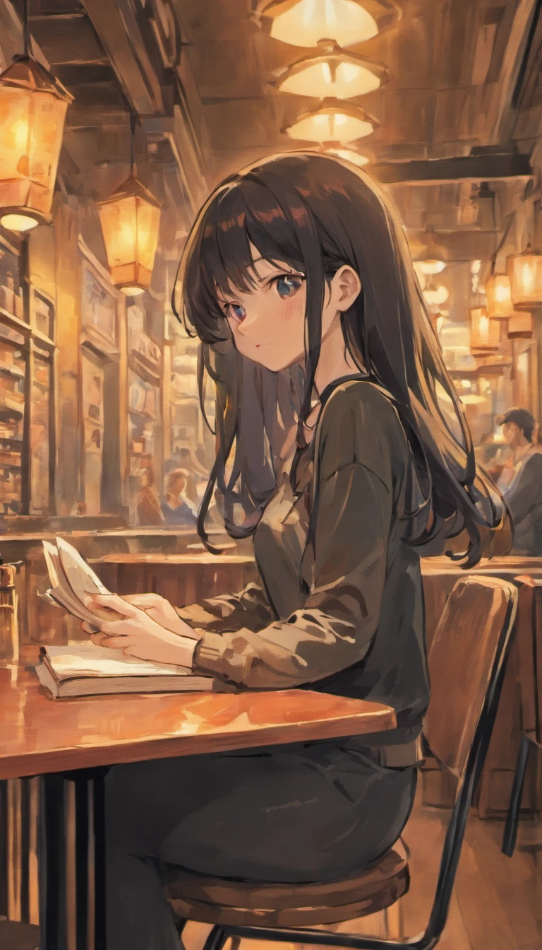 Anime girl sitting at a table with a laptop、sitting in a cafe alone, カフエにSitting alone、sitting in a cafe、At the coffee shop、((Makoto Shinkai)), Sitting alone、In a bright cafe、Lo-fi Girl、Coffee shop girl、Reading a book、beautiful girl、smile、skirt、Long black hair、