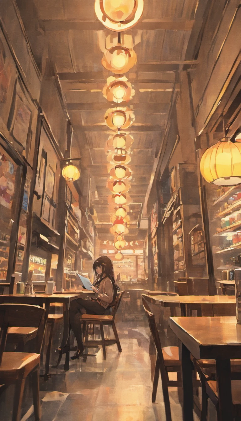 Anime girl sitting at a table with a laptop、sitting in a cafe alone, カフエにSitting alone、sitting in a cafe、At the coffee shop、((Makoto Shinkai)), Sitting alone、In a bright cafe、Lo-fi Girl、Coffee shop girl、Reading a book、beautiful girl、smile、skirt、Long black hair、