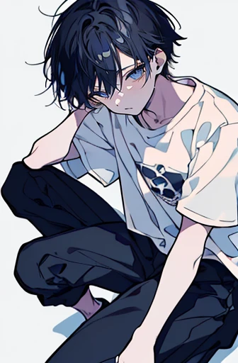 Beautiful young man, darkblue-haired, ((Gray eyes)),(short wave hair:1.2), (Black mask:1.2), White hoodie,clear wear,High quality, amount of drawing, pixiv illustration,(animal sticker:1.2),(NSFW:1.4),((spread legs:1.1)),((crawl on all fours:1.3)),(うつ伏せ:1.25),((尻を高く上げる:1.15)).