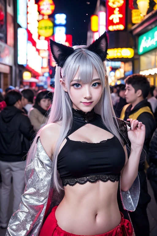 Full Moon Party and Lantern Festival and Shinjuku Kabukicho and Jujutsu Kaisen style.A cute and fashionable anthropomorphic Cropped T-shirt and Demon slayer and lace queen and My abdominal muscles are cracked style. cat girl. She has long dark silver-to-white ombre hair, dark silver ears, black cat short tail, and bright blue eyes.A lively night parade at a theme park, with vibrant, illuminated floats and colorful characters. Families and groups of friends are gathered, smiling and cheering as they watch the parade.The background is filled with sparkling lights and festive decorations, creating a magical atmosphere. The diverse, with people of all ages enjoying the spectacle under a clear, each have unique and adorable personalities. starry night sky.The lighting creates a contrast that adds a sense of depth.