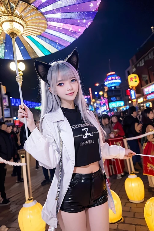 Full Moon Party and Lantern Festival and Shinjuku Kabukicho and Jujutsu Kaisen style.A cute and fashionable anthropomorphic Cropped T-shirt and Demon slayer and lace queen and My abdominal muscles are cracked style. cat girl. She has long dark silver-to-white ombre hair, dark silver ears, black cat short tail, and bright blue eyes.A lively night parade at a theme park, with vibrant, illuminated floats and colorful characters. Families and groups of friends are gathered, smiling and cheering as they watch the parade.The background is filled with sparkling lights and festive decorations, creating a magical atmosphere. The diverse, with people of all ages enjoying the spectacle under a clear, each have unique and adorable personalities. starry night sky.The lighting creates a contrast that adds a sense of depth.