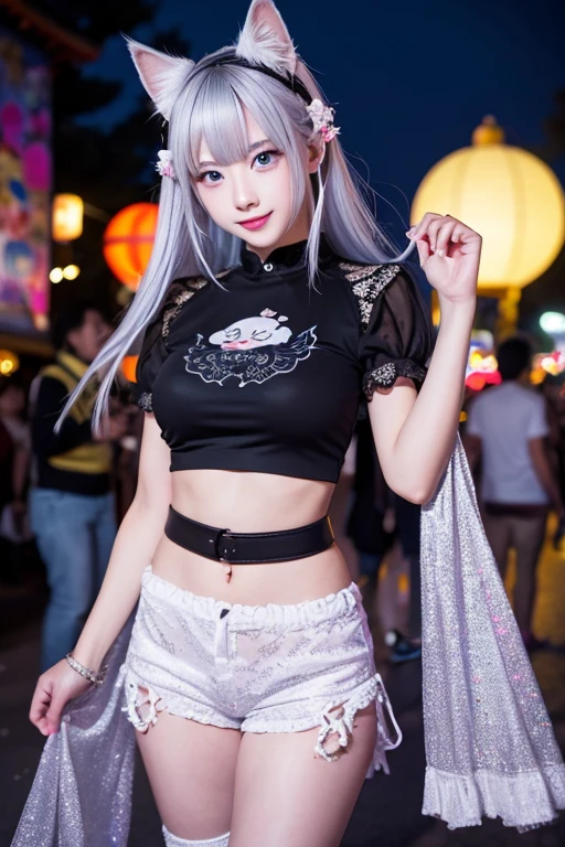 Full Moon Party and Lantern Festival and Shinjuku Kabukicho and Jujutsu Kaisen style.A cute and fashionable anthropomorphic Cropped T-shirt and Demon slayer and lace queen and My abdominal muscles are cracked style. cat girl. She has long dark silver-to-white ombre hair, dark silver ears, black cat short tail, and bright blue eyes.A lively night parade at a theme park, with vibrant, illuminated floats and colorful characters. Families and groups of friends are gathered, smiling and cheering as they watch the parade.The background is filled with sparkling lights and festive decorations, creating a magical atmosphere. The diverse, with people of all ages enjoying the spectacle under a clear, each have unique and adorable personalities. starry night sky.The lighting creates a contrast that adds a sense of depth.