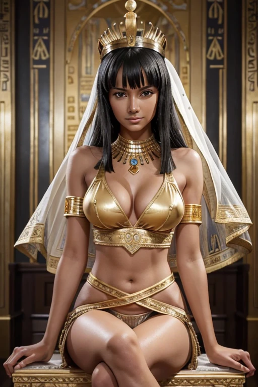 (masterpiece), best quality, expressive eyes, perfect face, (ancient egypt throne room background), (sitting on the throne), (smirk), (cleavage view), (1girl, 18 years old, Nico Robin, latina, dark skin, tanned skin, black hair, bangs hairstyle, brown eyes, hourglass figure, thin body, skinny body, petite_body, small breasts), (sexy beige transparent egyptian dress, expossed cleavage, gold jewelry, gold armlet, egyptian crown with baige veil, beige transparent loincloth, cameltoe),