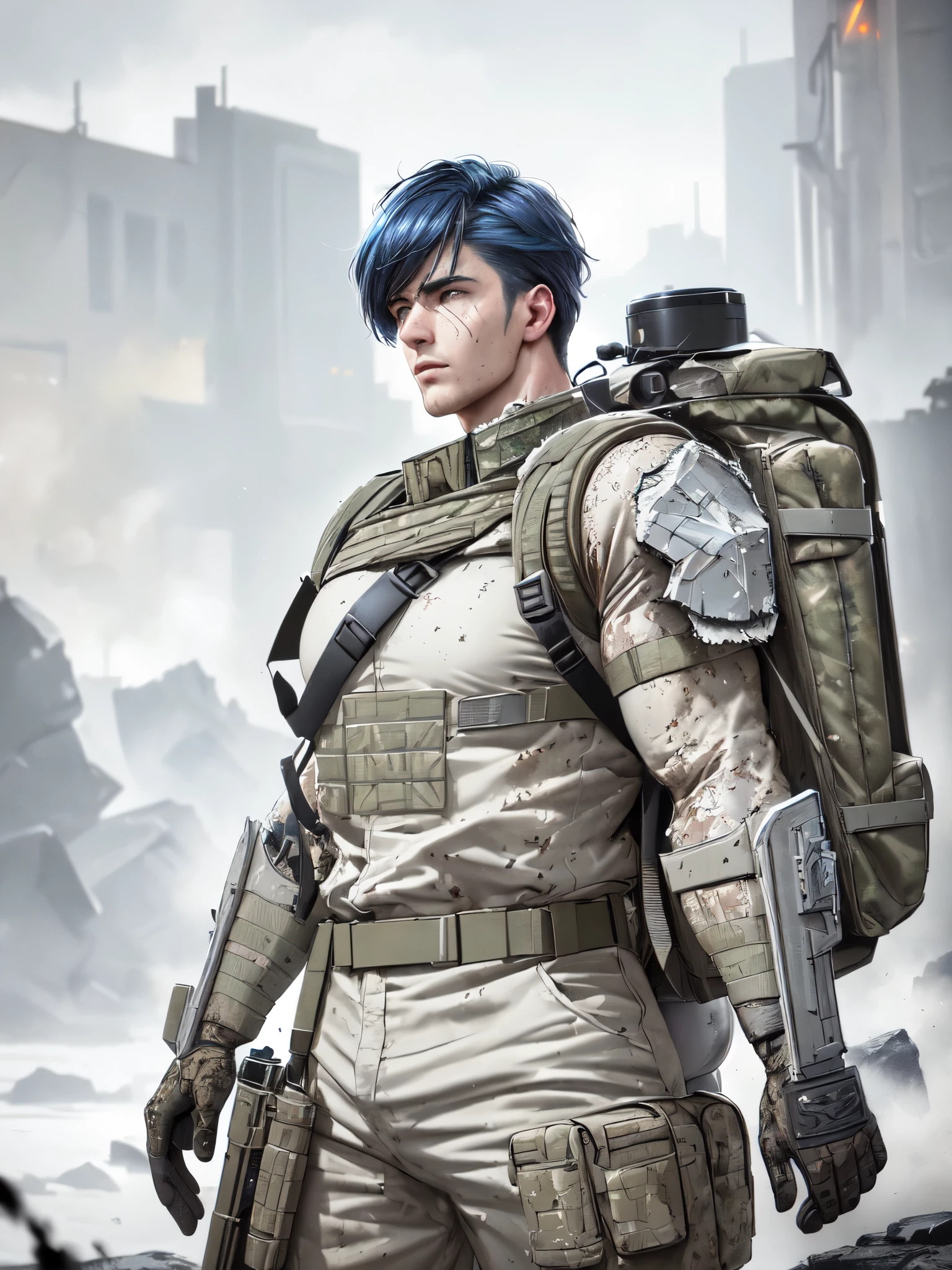 A highly detailed handsome male soldier with a backpack, hyper-realistic, cosmic powers, war-torn environment, intense action scene, cinematic lighting, dramatic composition, vibrant colors, photorealistic, intricate details, masterpiece