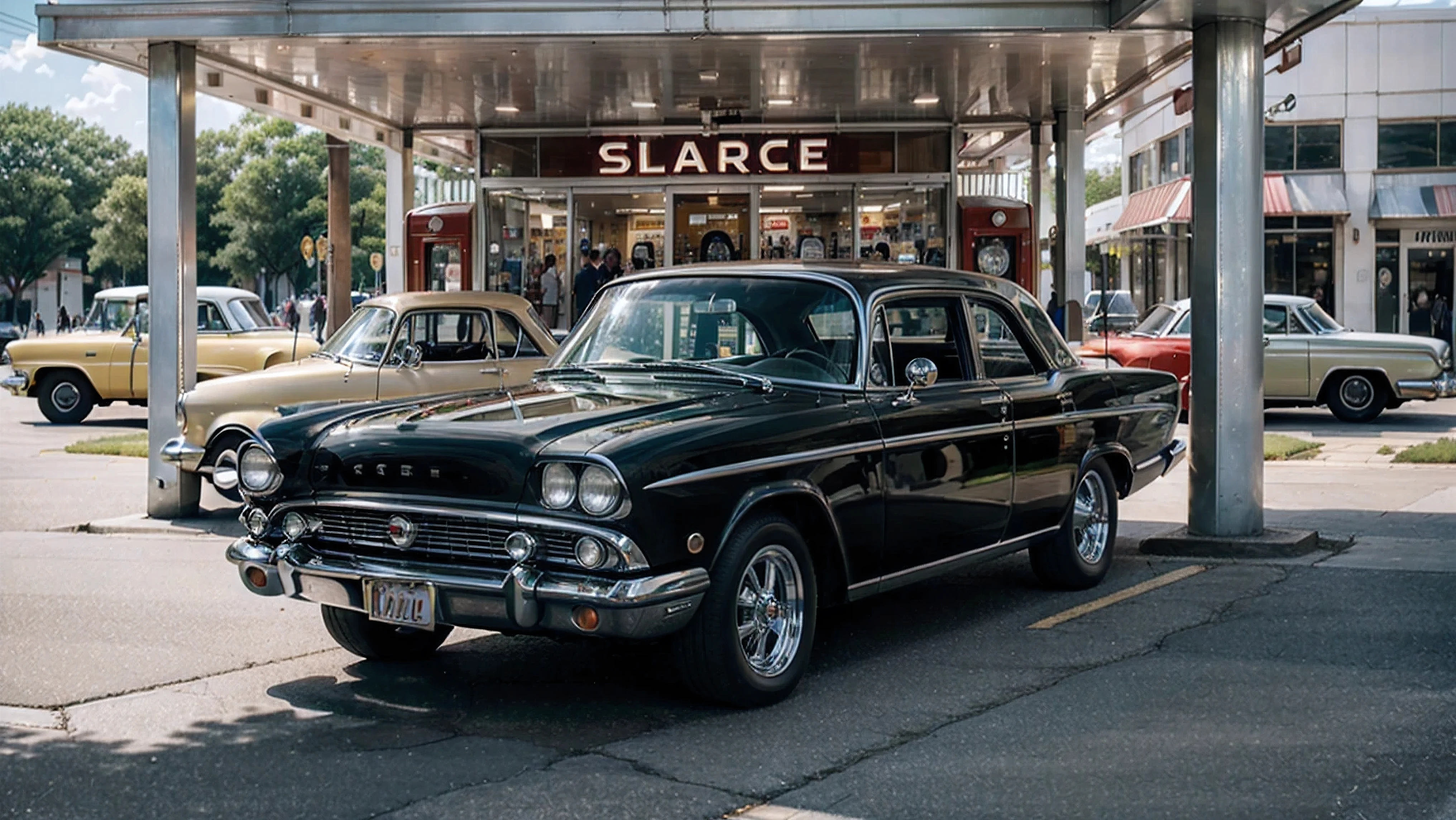 Craft an ultra-high definition, hyper-realistic image portraying a bustling scene at a vintage 1960s gas station, meticulously capturing every intricate detail. Envision a vibrant tableau of activity, with period-authentic vehicles lining the pumps and customers engaged in transactions. Amidst this bustling scene, emphasize a sleek classic black car positioned diagonally, drawing the eye with its timeless elegance. Achieve unparalleled realism by meticulously rendering every aspect, from the gleaming chrome accents to the subtle nuances of light and shadow. Your objective is to transport viewers back in time, immersing them in the nostalgic ambiance of a bygone era while showcasing the epitome of artistic craftsmanship.