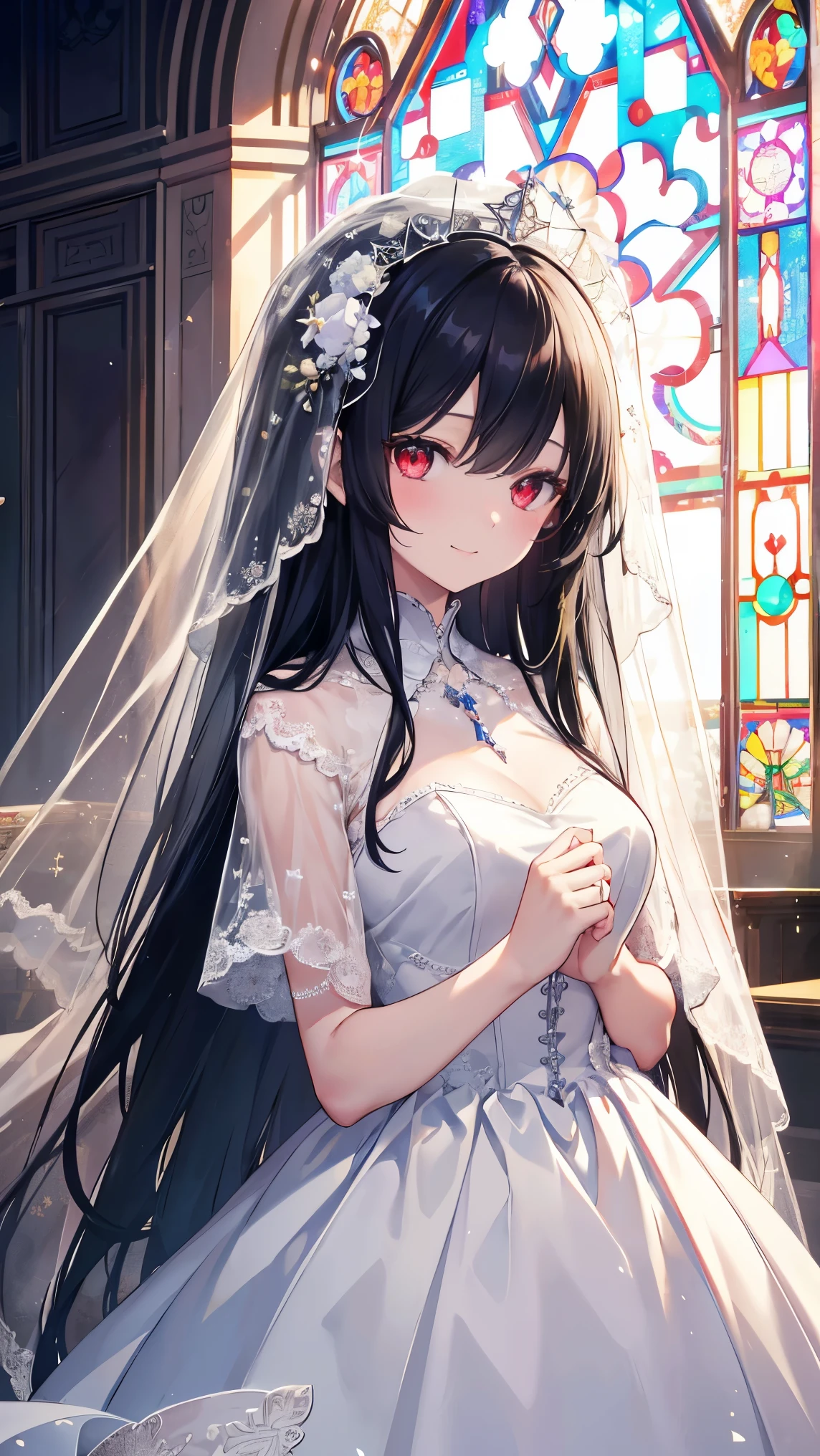 Very long hair、Black Hair、Detailed sparkly eyes、Red eyes,smile、Embarrassing、shine、reflected light、Film Grain、masterpiece、Textured Skin、Super Detail、High Detail、high quality、最high quality、High Resolution、16k、shine、church,Veil,Wedding dress、race,Frills,hydrangea,Stained glass
