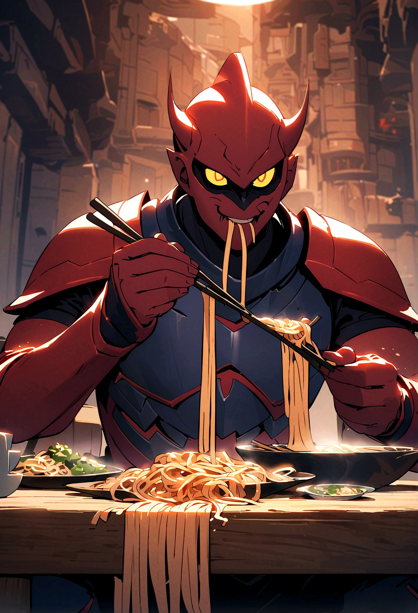 (best quality,4k,8k,highres,masterpiece:1.2),ultra-detailed,1boy,janemba,sitting on chair, dinning table,(eating noodles with chopsticks:1.5),detailed face,detailed eyes,detailed lips,detailed nose,cute expression,(armor),hell background,vibrant colors,dynamic lighting,fantasy art style