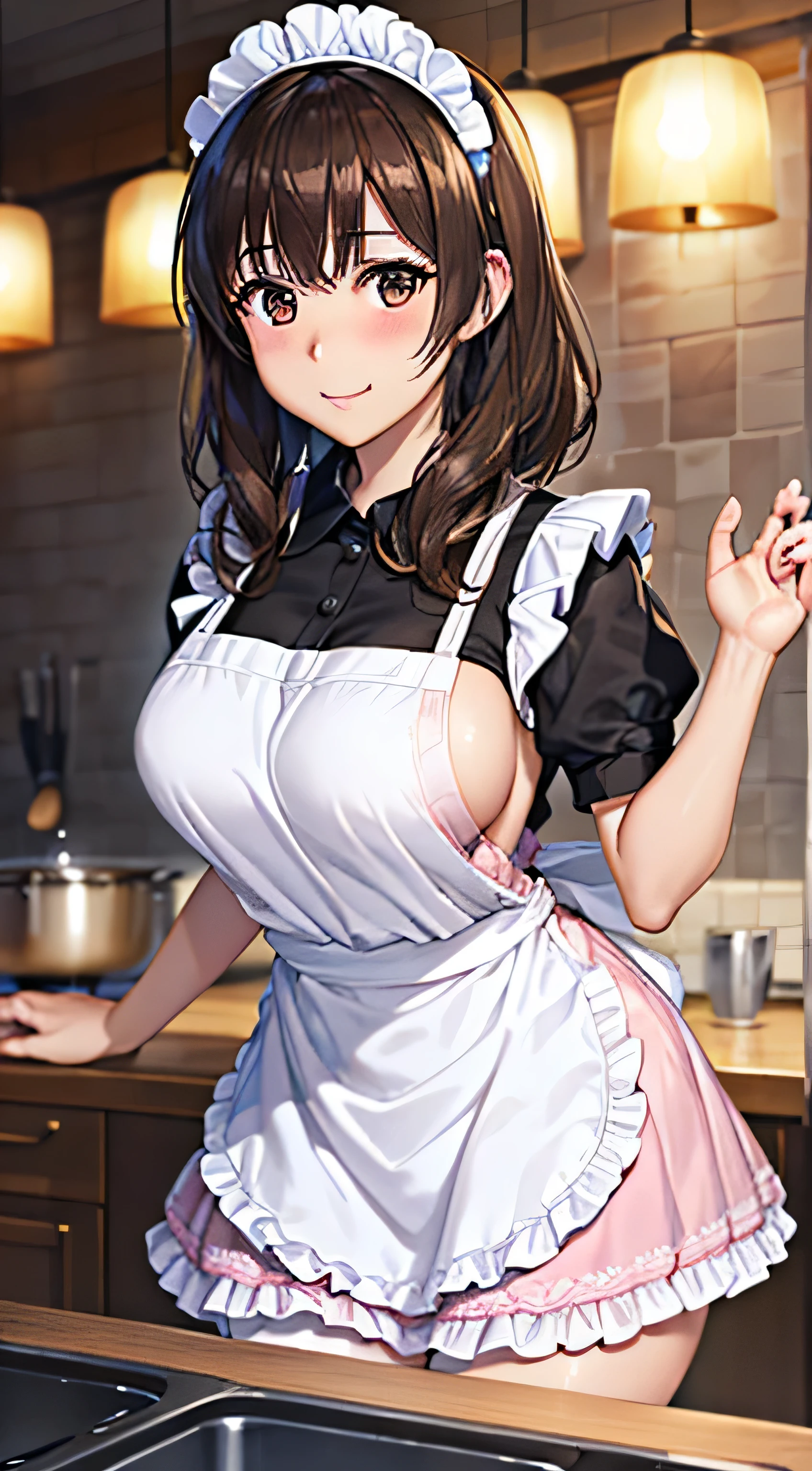 ((Tabletop, highest quality, High resolution, , Pixel perfect, 4K,))), 1 beautiful woman, 、The whole body is visible、 ((Mid-wave hair, bangs, Brown Hair)), ((Brown eyes, Beautiful eyelashes, Realistic eyes)), ((Detailed face, Blushing:1.2)), ((Smooth texture:0.75, Realistic texture:0.65, Realistic:1.1, Anime CG Style)), middle size breast, Dynamic Angle, Perfect body, (( , , 、White frill apron, Maid Costume、、Frilled Skirt))、Cooking in the kitchen、、I can see all of your panties、Very embarrassing panic smile, 、Sideboob、、、(Pink floral lace panties are visible、)、Angle from below)、