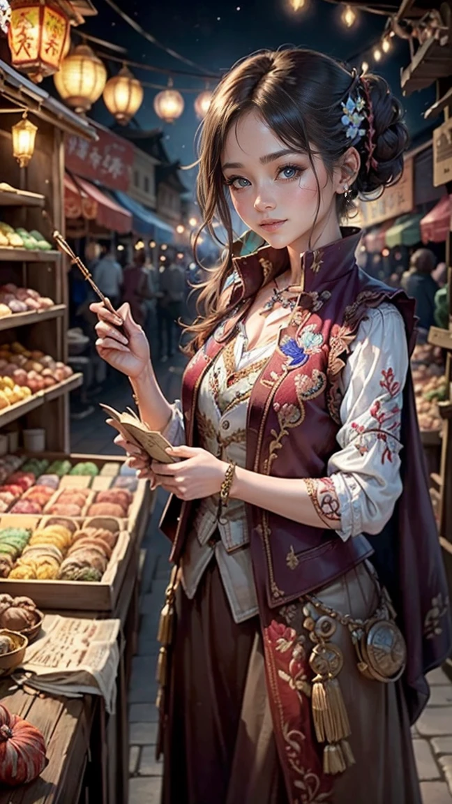 highest quality、masterpiece、8k、Realistic、超High resolution、Very delicate and beautiful、High resolution、Cinema Lighting、medium range shooting、Portraiture、(Perfect female body:1.6、Chignon:1.3)、Opposition、Looking at the audience、((Street vendor from another world、Stalls covered with colorful cloth、Flag waving in the wind、Shelves lined with jewels and ancient coins、Interesting exotic items々、(Gorgeous embroidered vest:1.3)、Polished wooden counter、Sharp Eye、Negotiation skill、Cheerful smile))、Travel Stories、Secret Deal、Unusual spices、Ancient scrolls、Magic Potion、Glowing Jewels、Voices that attract customers、Metal balance scales、Sparkling lantern、Hand-drawn sign、Otherworldly Market、Historical currency、Exotic Instruments、Unusual Fruits、Old maps、Telling the myths of another world、Traveler information、Rugged boots、Travel tool bag、Bustle at night、Protection spell。