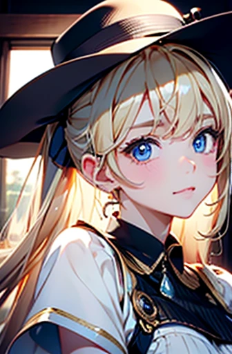 masterpiece,best quality,ultra-detailed,8k,high resolution,Cowgirl,Cowboy hat,Portraiture、bright表情、ponytail、young, Shiny, white, Shiny肌、Gloss Face、Shining Cheek Gloss、Small Face Beauty、The ultimate beauty、Blonde hair dazzling light、まばゆいハイライトを持つbrightブロンドの髪、Very beautiful Shiny light blonde hair、Super long, silky straight hair、Her Shiny, Her beautiful bangs cover her eyes.、Sparkling, clear, Charm, bright, big, Pale blue eyes、Very big eyes、eyeliner、A very beautiful, adorable and cute 16 year old girl.、Ample Bust, whole body 