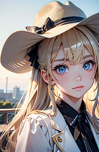 masterpiece,best quality,ultra-detailed,8k,high resolution,Cowgirl,Cowboy hat,Portraiture、bright表情、ponytail、young, Shiny, white, Shiny肌、Gloss Face、Shining Cheek Gloss、Small Face Beauty、The ultimate beauty、Blonde hair dazzling light、まばゆいハイライトを持つbrightブロンドの髪、Very beautiful Shiny light blonde hair、Super long, silky straight hair、Her Shiny, Her beautiful bangs cover her eyes.、Sparkling, clear, Charm, bright, big, Pale blue eyes、Very big eyes、eyeliner、A very beautiful, adorable and cute  girl.、Ample Bust, whole body 