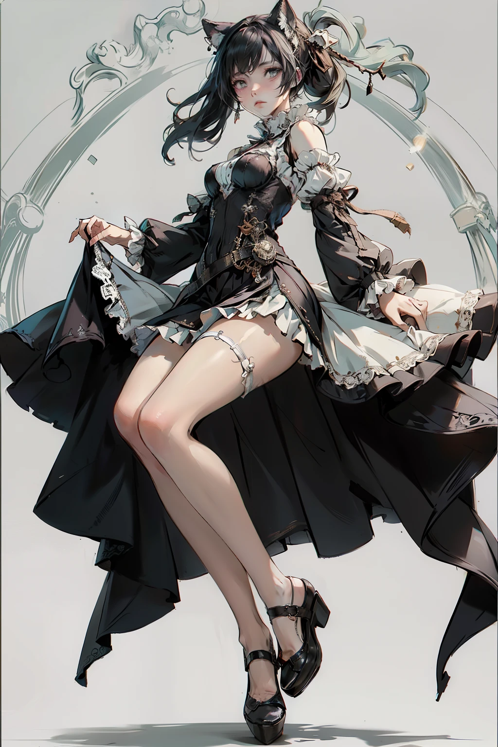 ((best quality)), ((masterpiece)), (detailed), blank white background, plain background, white background, red and white clothing, Bloodborne inspired, occult aesthetic, occult, detailed and intricate steampunk and detailed gothic, NSFW, Very dramatic and cinematic lighting, cosmic horror, grim-dark, side-lighting, perfect face, NSFW, Fluttering lace flared long knee length dress with frilly petticoats, knee length dress, pleated petticoats, ta dress, petticoats gothic lolicomplex lace boots, side-lighting, gothic lolita aetic, wielding a mighty sword, carbine, NSFW, beautiful small breasts, small breasts, full body, whole body, body, plain background, white background, blank background, no background, white background NSFW, full body, whole body, head-to-toe NSFW
