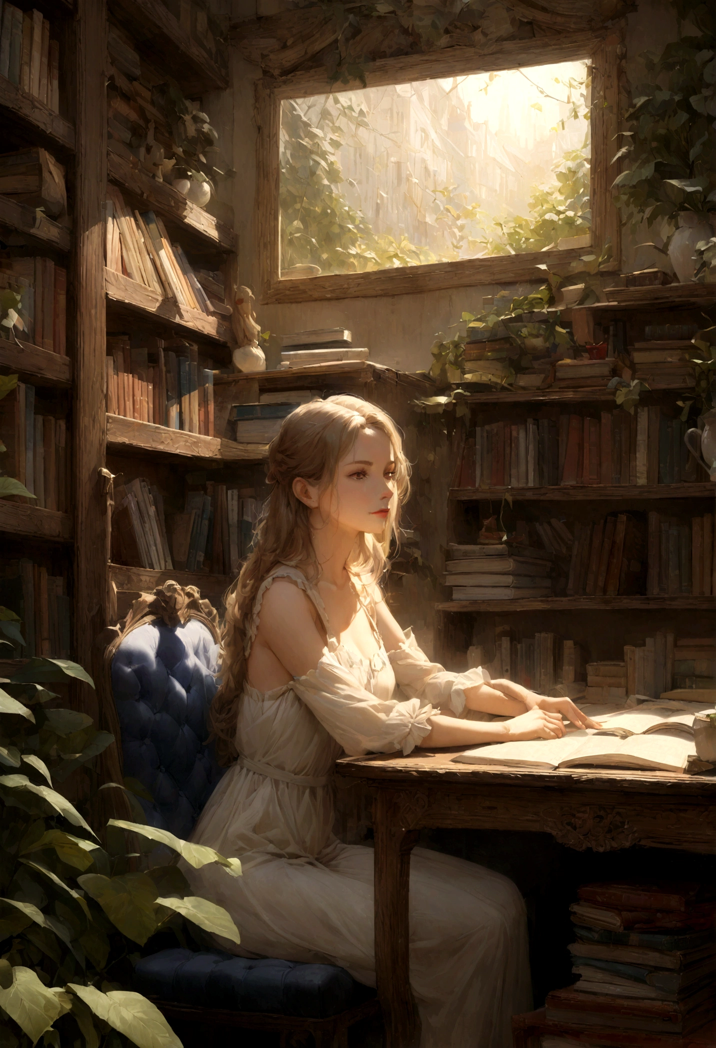 (Best quality, high resolution, ultra-detailed, Realistic:1.37), une fille assise sur une chaise rouge, étudier avec un ordinateur sur le bureau. The girl has beautiful detailed eyes, long cils, and beautiful, detailed lips. elle porte des vêtements décontractés. The room is well lit by natural light. She is deeply focused and has a serious expression on her face. The desk is cluttered with books, des cahiers, et papeterie. Les murs sont peints d&#39;une couleur chaude, créer une atmosphère chaleureuse. La chaise a un coussin confortable. L&#39;ordinateur sur le bureau dispose d&#39;a large screen and&#39;elegant design. The girl is surrounded by&#39;shelves filled with books and plants, créer un environnement calme et studieux. The scene is captured in a photoRealistic style, avec des couleurs vives et une mise au point nette.