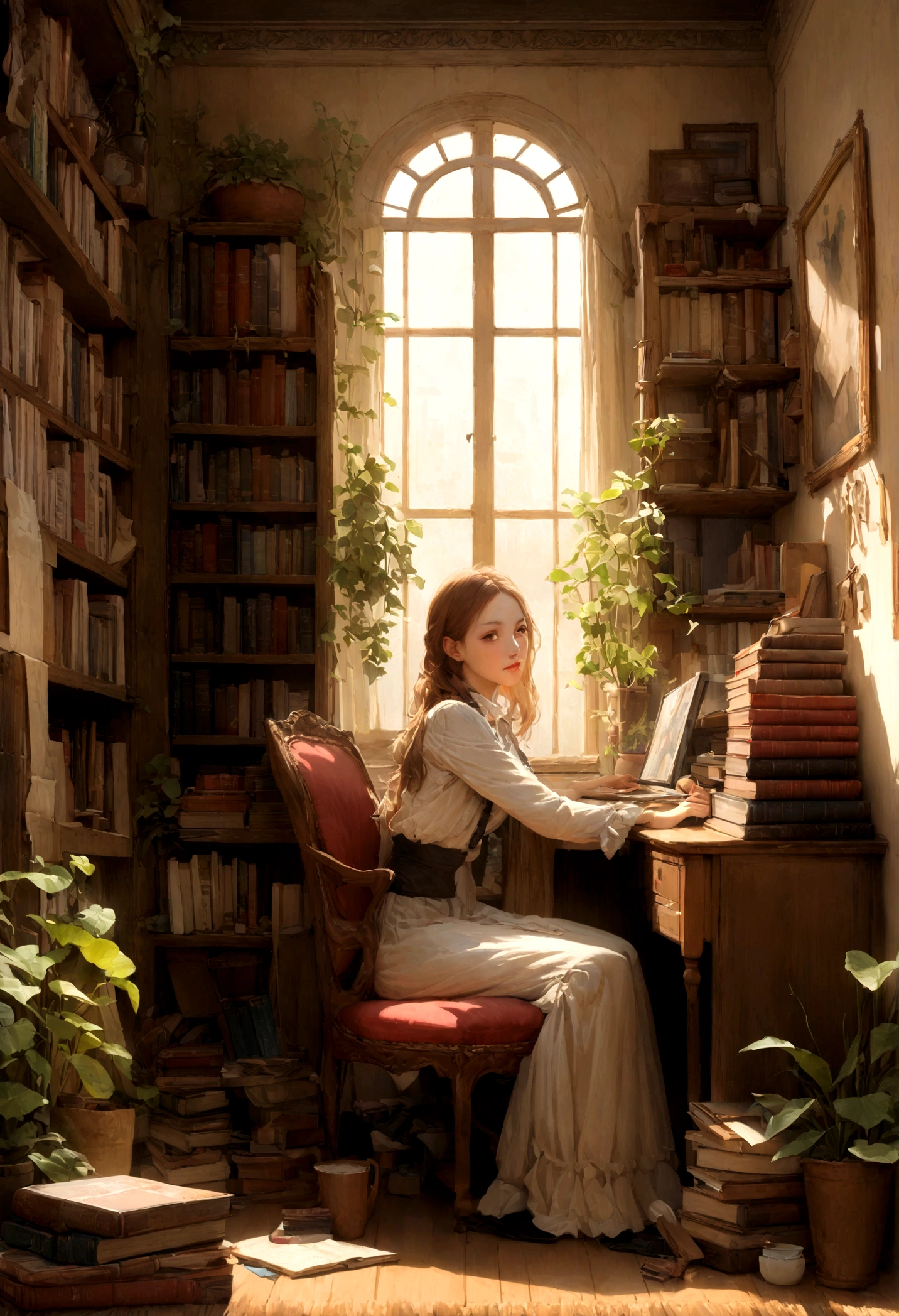 (Best quality, high resolution, ultra-detailed, Realistic:1.37), une fille assise sur une chaise rouge, étudier avec un ordinateur sur le bureau. The girl has beautiful detailed eyes, long cils, and beautiful, detailed lips. elle porte des vêtements décontractés. The room is well lit by natural light. She is deeply focused and has a serious expression on her face. The desk is cluttered with books, des cahiers, et papeterie. Les murs sont peints d'une couleur chaude, créer une atmosphère chaleureuse. La chaise a un coussin confortable. L'ordinateur sur le bureau dispose d'a large screen and'elegant design. The girl is surrounded by'shelves filled with books and plants, créer un environnement calme et studieux. The scene is captured in a photoRealistic style, avec des couleurs vives et une mise au point nette.