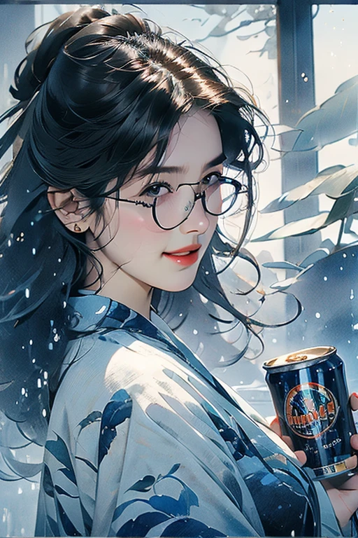 Transparent watercolor, High resolution, Super detailed, (One beautiful girl:1.3), ((Beautiful mature round-faced girl wearing black flame glasses smiling and drinking a can of beer))